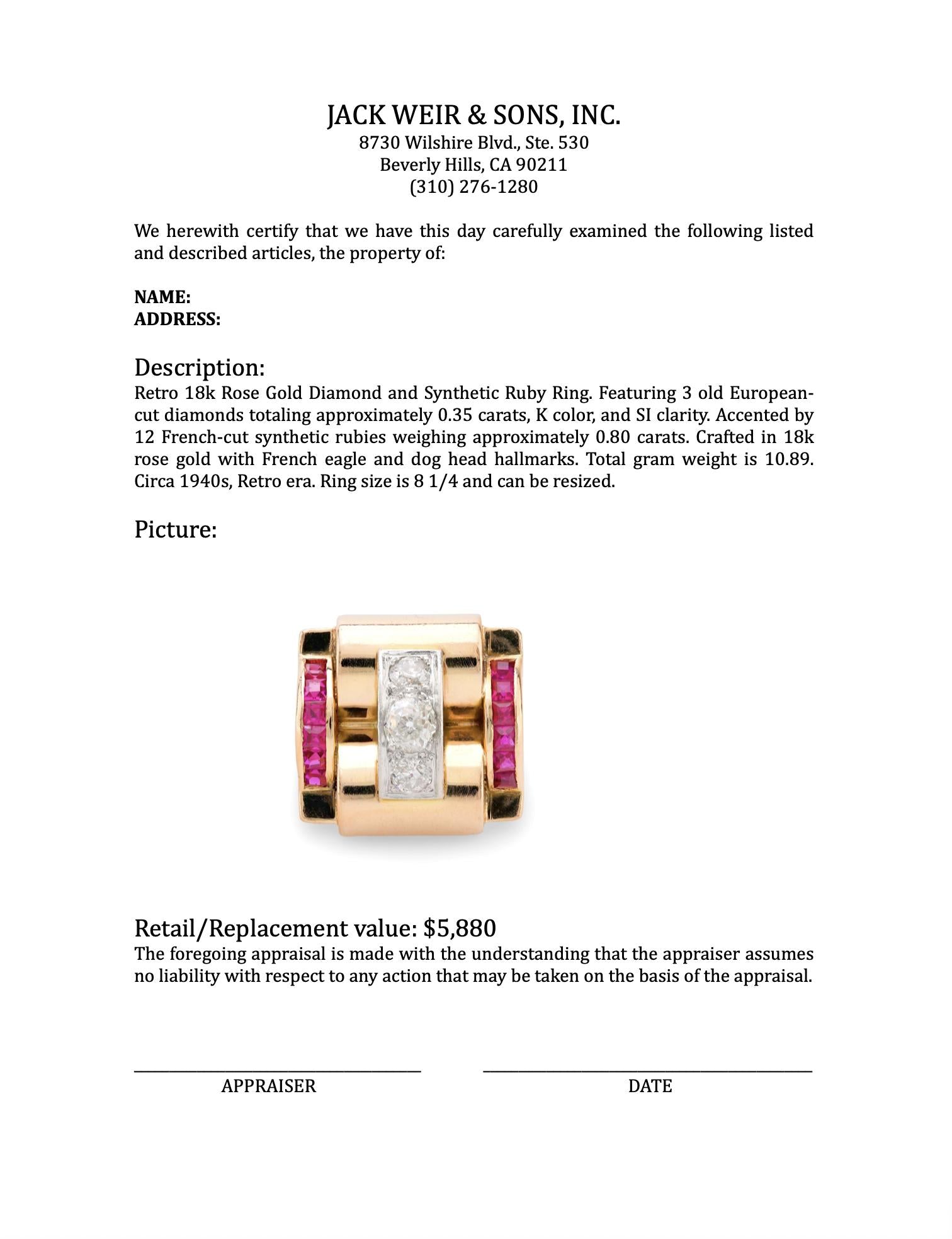 18K Rose Gold French Retro Diamond & Synthetic Ruby Tank Ring - Elegant Vintage Jewelry for Women, Perfect for Weddings, Anniversaries & Special Occasions