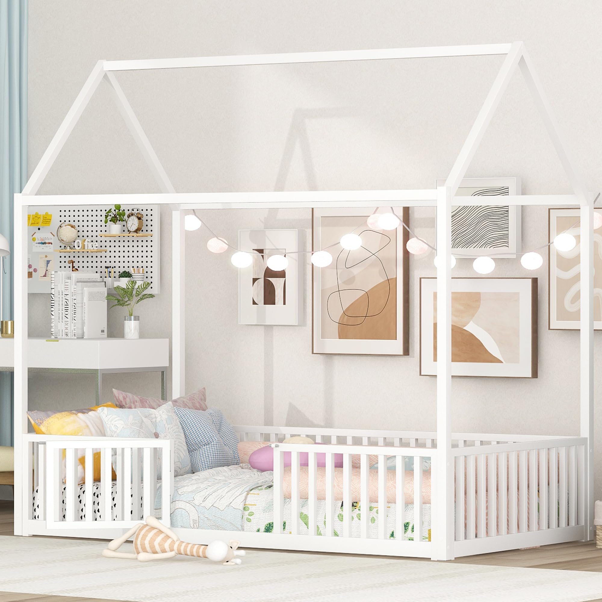 Bellemave Twin Floor Bed with Door and Fence - Montessori Kids Bed with Roof for Girls & Boys in White - Perfect for Toddler Rooms, Playrooms & Montessori Bedrooms