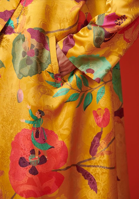 Luxury Long Coat Women's Silk Damask Mustard Yellow Outerwear - Elegant Fall & Winter Fashion for Parties, Weddings & Formal Events