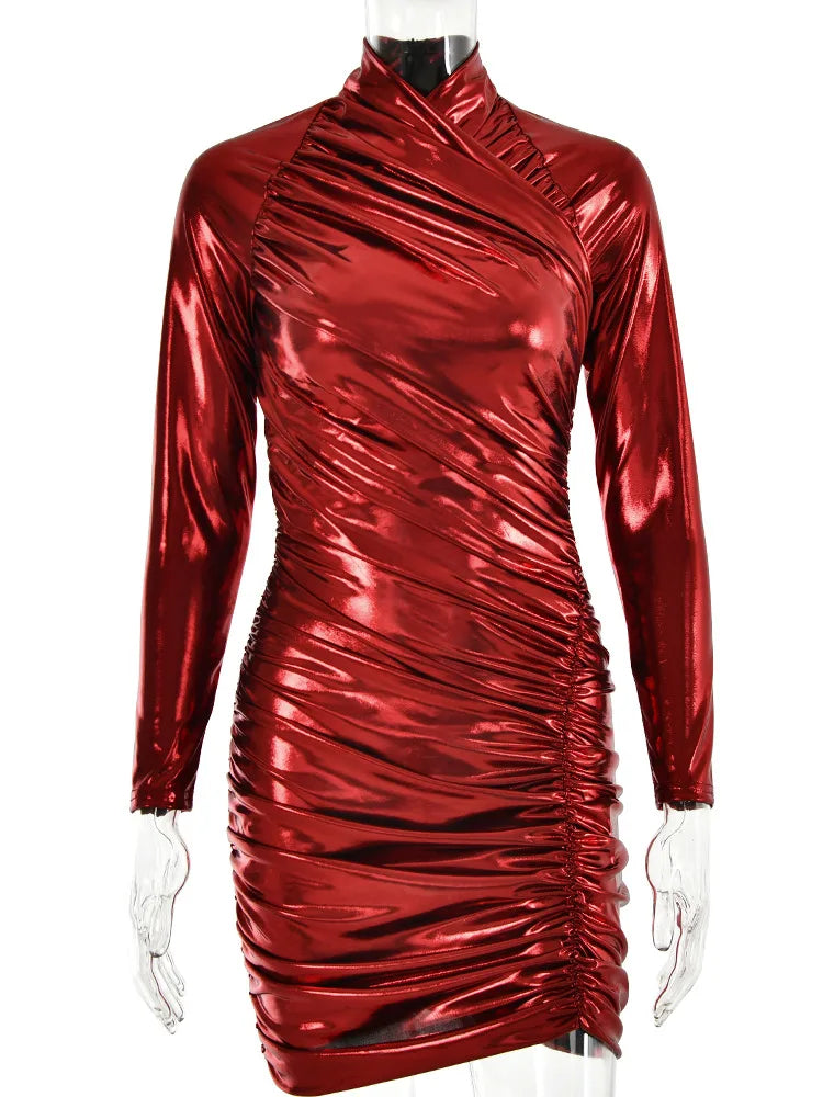 2023 Women's Autumn Leather Long Sleeve Pleated Dress with Zipper - Slim Fit Irregular Hem Sheath Dress for Party, Club & Evening Wear | Elegant Vestidos for Fall Occasions