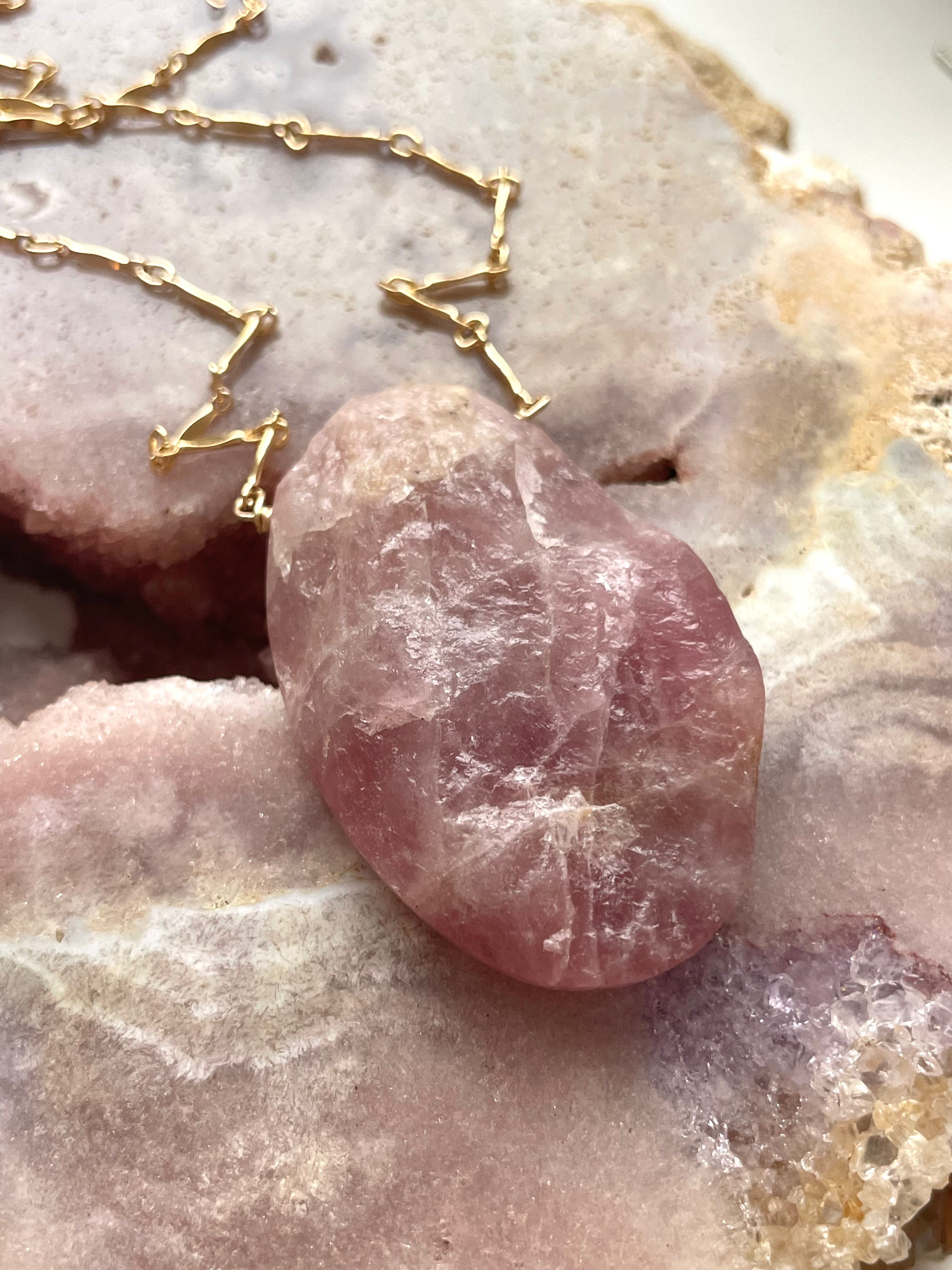 Large Raw Rose Quartz Statement Crystal Necklace - 14K Gold Filled Healing Jewelry for Women | Perfect for Meditation, Yoga & Spiritual Gifts