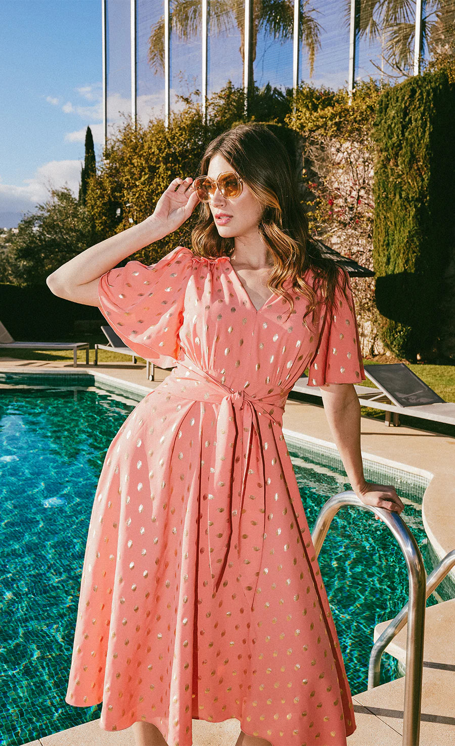 Corina Foil Midaxi Dress - Coral & Gold Sequin Party Gown for Women, Elegant Evening Dress for Prom, Cocktail, Wedding Guest & Special Occasions