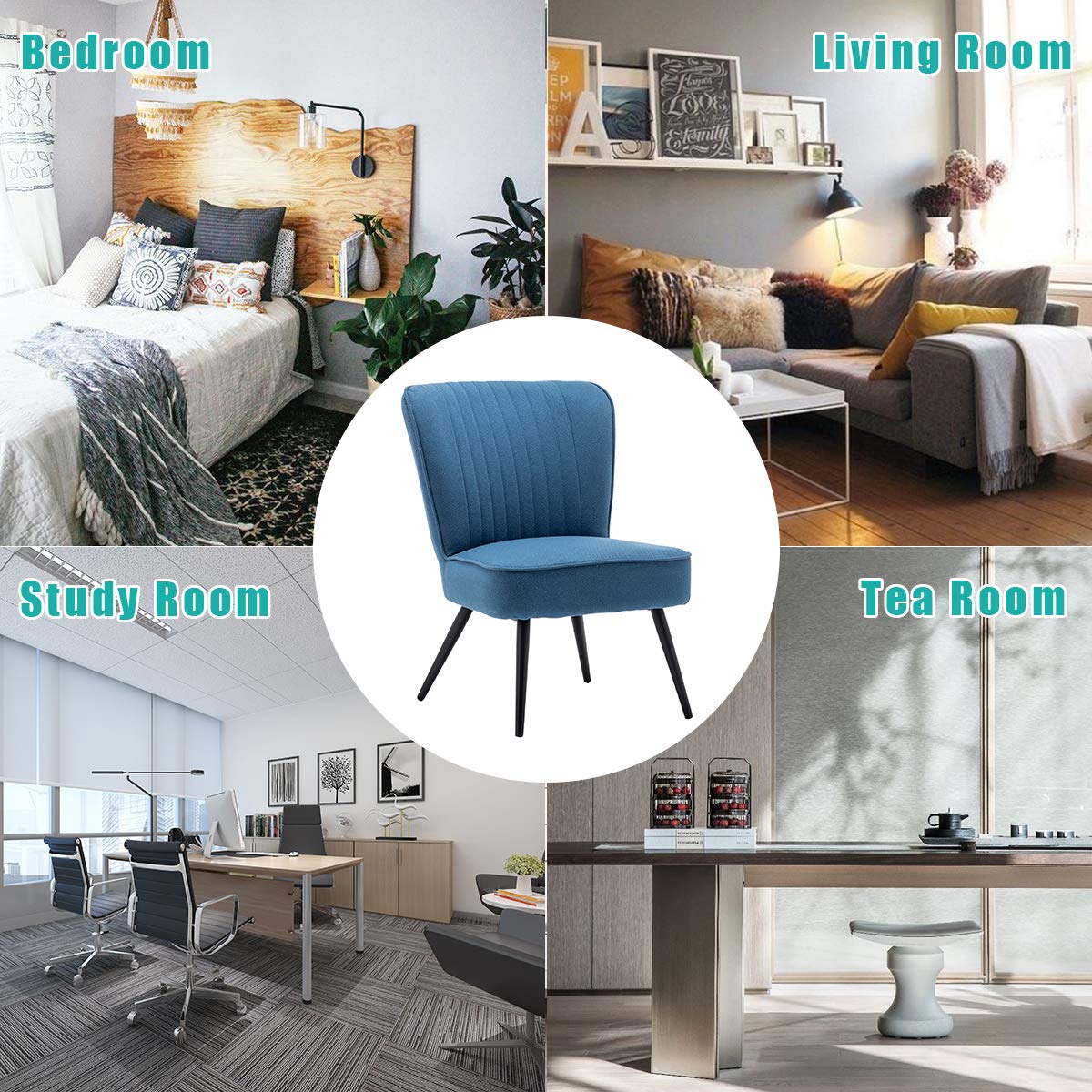 Annjoe Armless Accent Chair - Set of 2 Upholstered Slipper Chairs with Metal Legs for Living Room, Dining Room, Kitchen, Office, Bistro & Cafe - Stylish Blue Home Decor for Small Spaces & Cozy Corners
