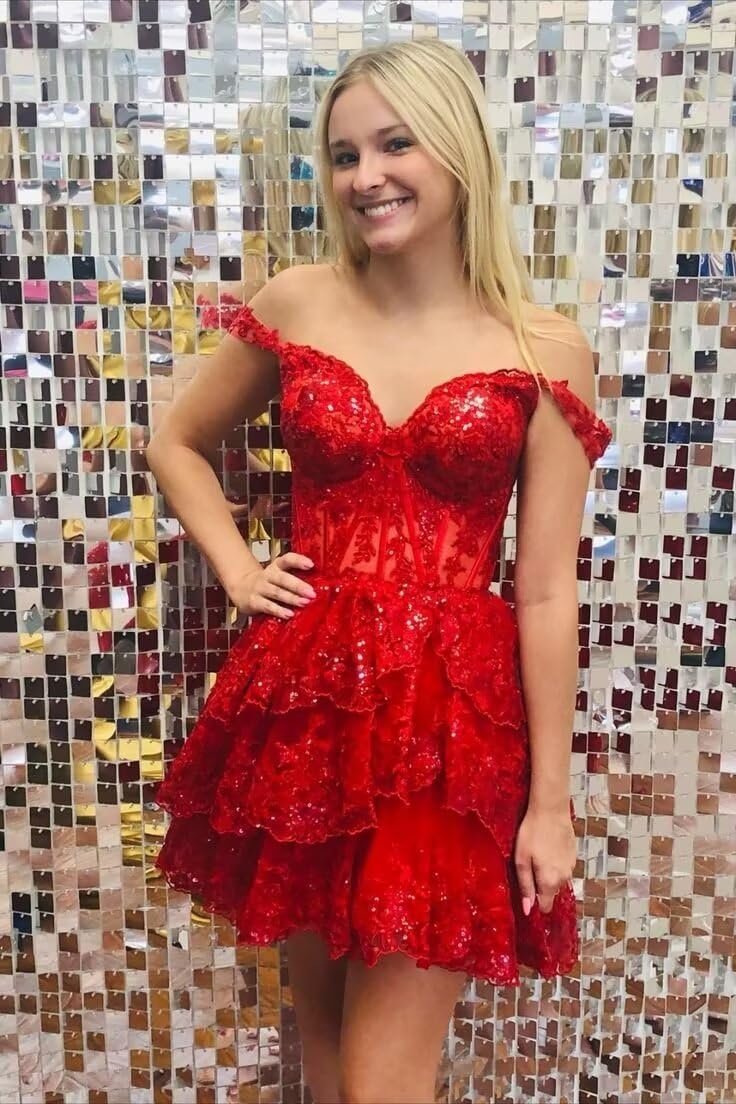 Sparkly Sequin Off Shoulder Short Prom Dress 2024 for Teens - Navy Blue Tiered Lace Cocktail Party Gown - Homecoming Dance, Sweet 16, Quinceañera & Formal Events - US Size 0