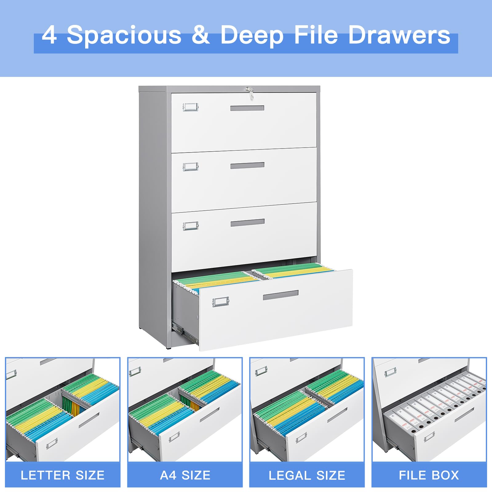 Yizosh 4-Drawer Locking File Cabinet - Metal Lateral Office Storage Organizer for Letter Legal F4 A4 Documents | Secure Home & Office Filing Solution for Paperwork Organization