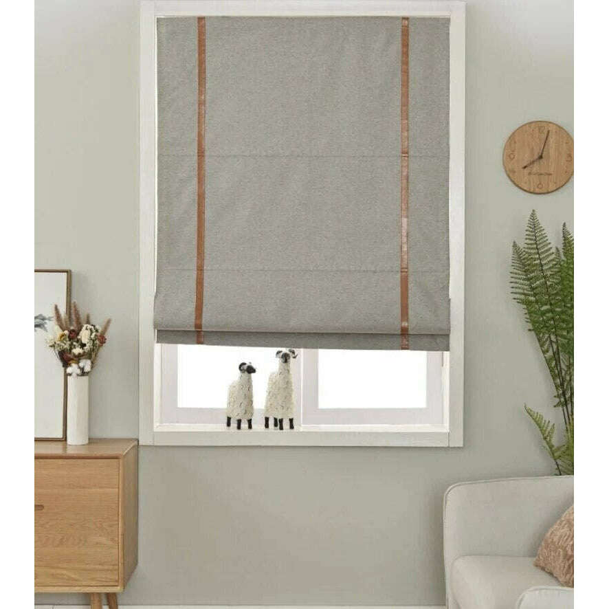 Napa Roman Blinds - Gray with Tan Leather Stripe | Elegant Window Coverings for Living Room & Bedroom | Light Filtering & Privacy Shades