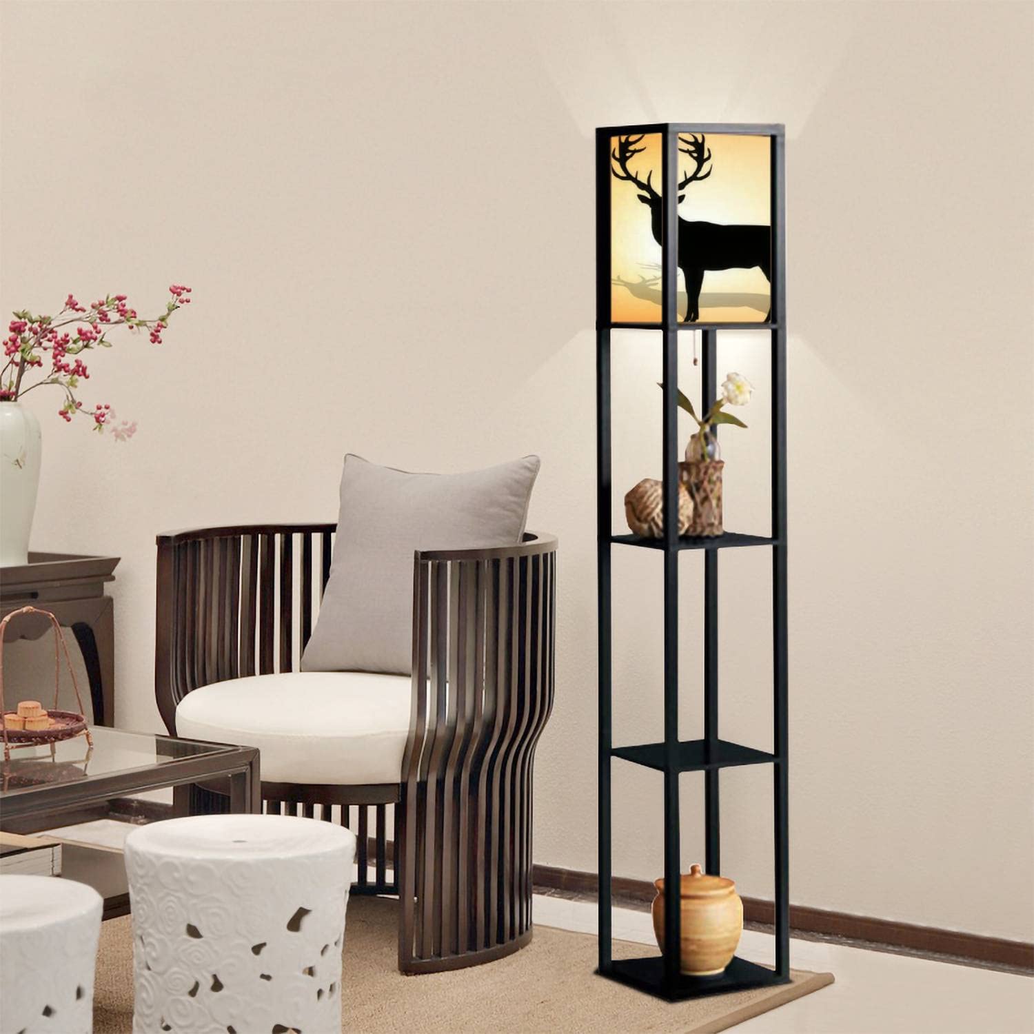 Modern Silhouette Deer Floor Lamp with Antlers & Shelves - Flaxen Fabric Shade Tall Standing Light for Living Room, Bedroom, Office - Corner Lighting & Aesthetic Home Decor for Cozy Nights & Reading Nook