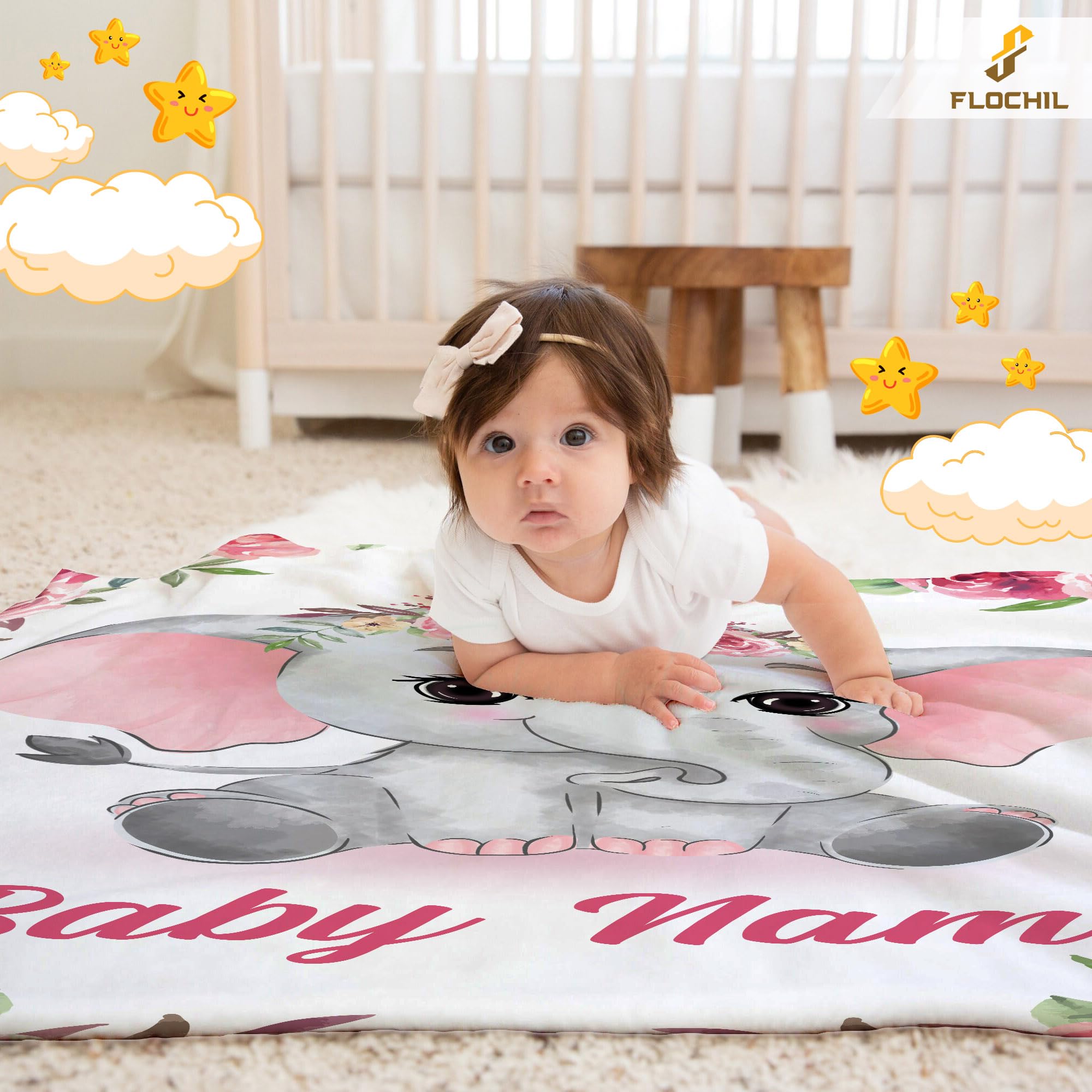 Personalized Baby Blanket with Name - Custom Embroidered Fleece Blanket for Girls & Newborns, Soft Elephant Design (30x40) - Perfect for Nursery, Baby Shower Gifts & Photo Props