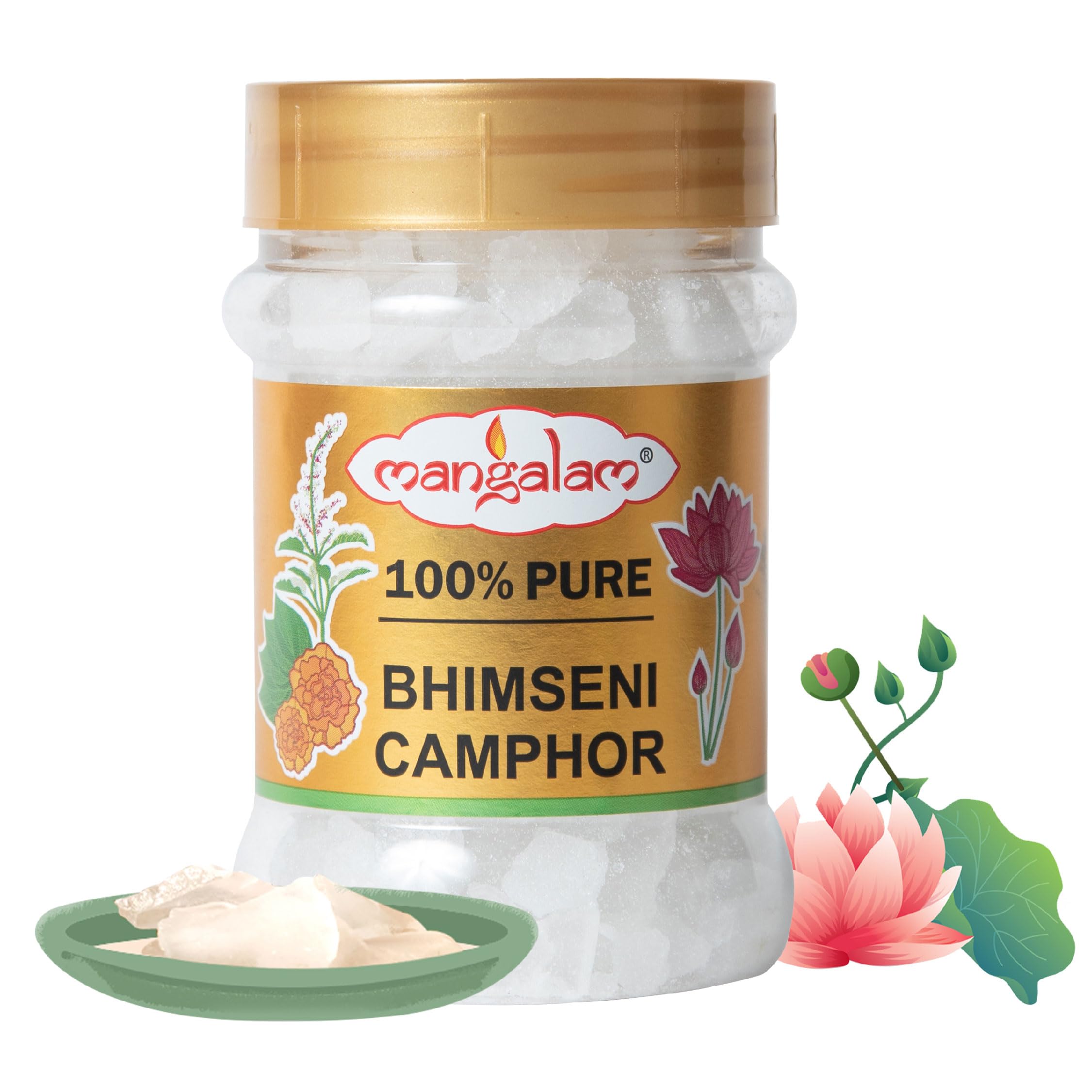 Pure Bhimseni Camphor 100g Jar | 100% Organic & Natural | Puja, Aromatherapy, Meditation, Home Fragrance | Long-Lasting Sweet Scent for Spiritual Ceremonies, Stress Relief & Air Purification