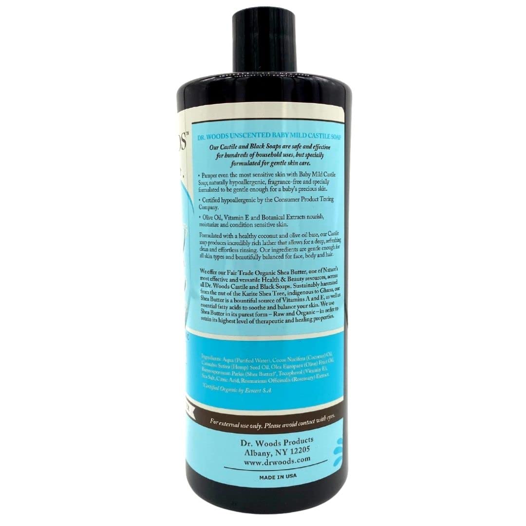 Dr. Woods Unscented Baby Mild Liquid Castile Soap with Organic Shea Butter, 32 oz - Gentle Cleansing for Baby Skin, Face & Body Wash, Hypoallergenic & Vegan - Perfect for Sensitive Skin, Newborns & Eco-Friendly Families