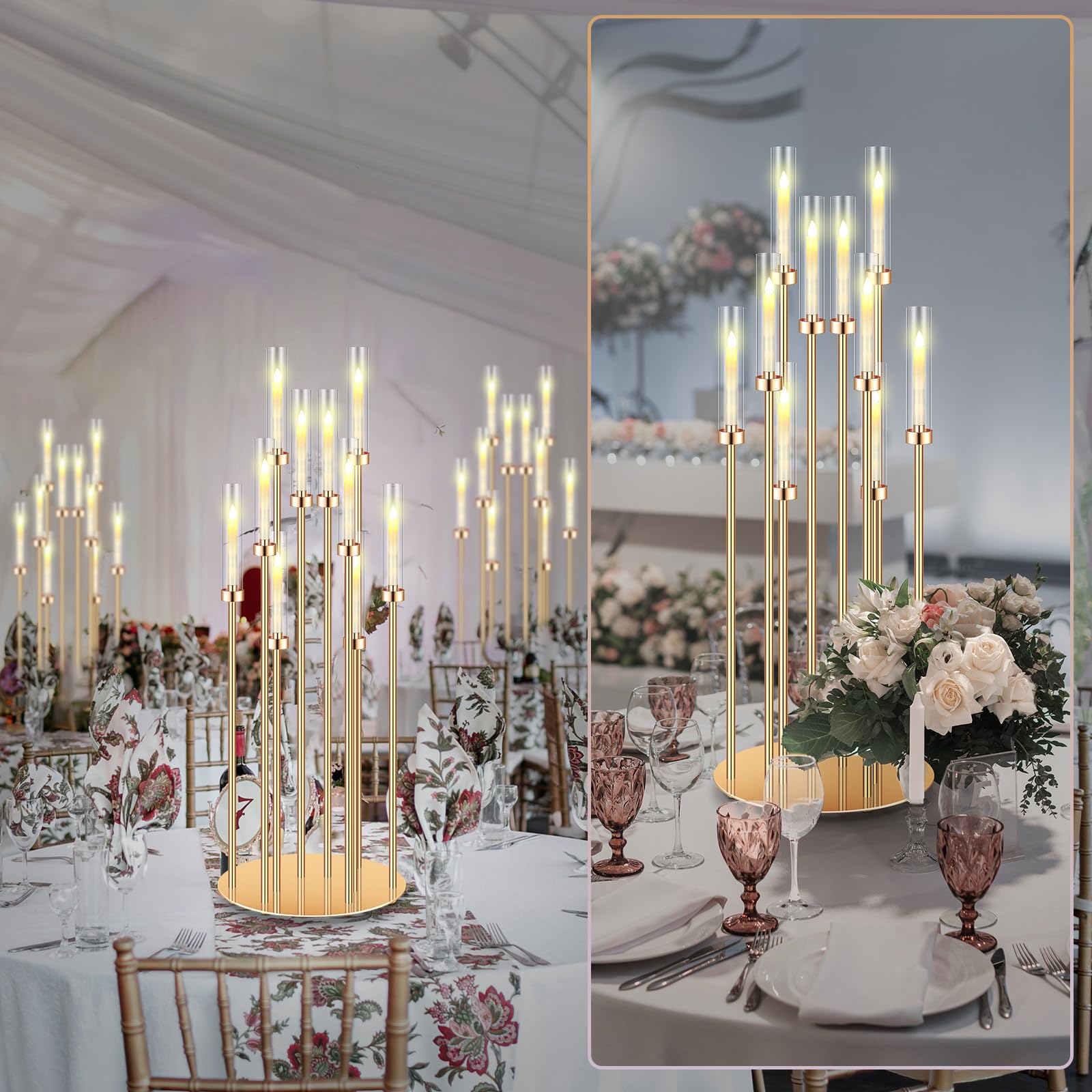Tandefio 4-Piece 10-Arm Gold Wedding Candelabra Set with 40 LED Candles - 46.5