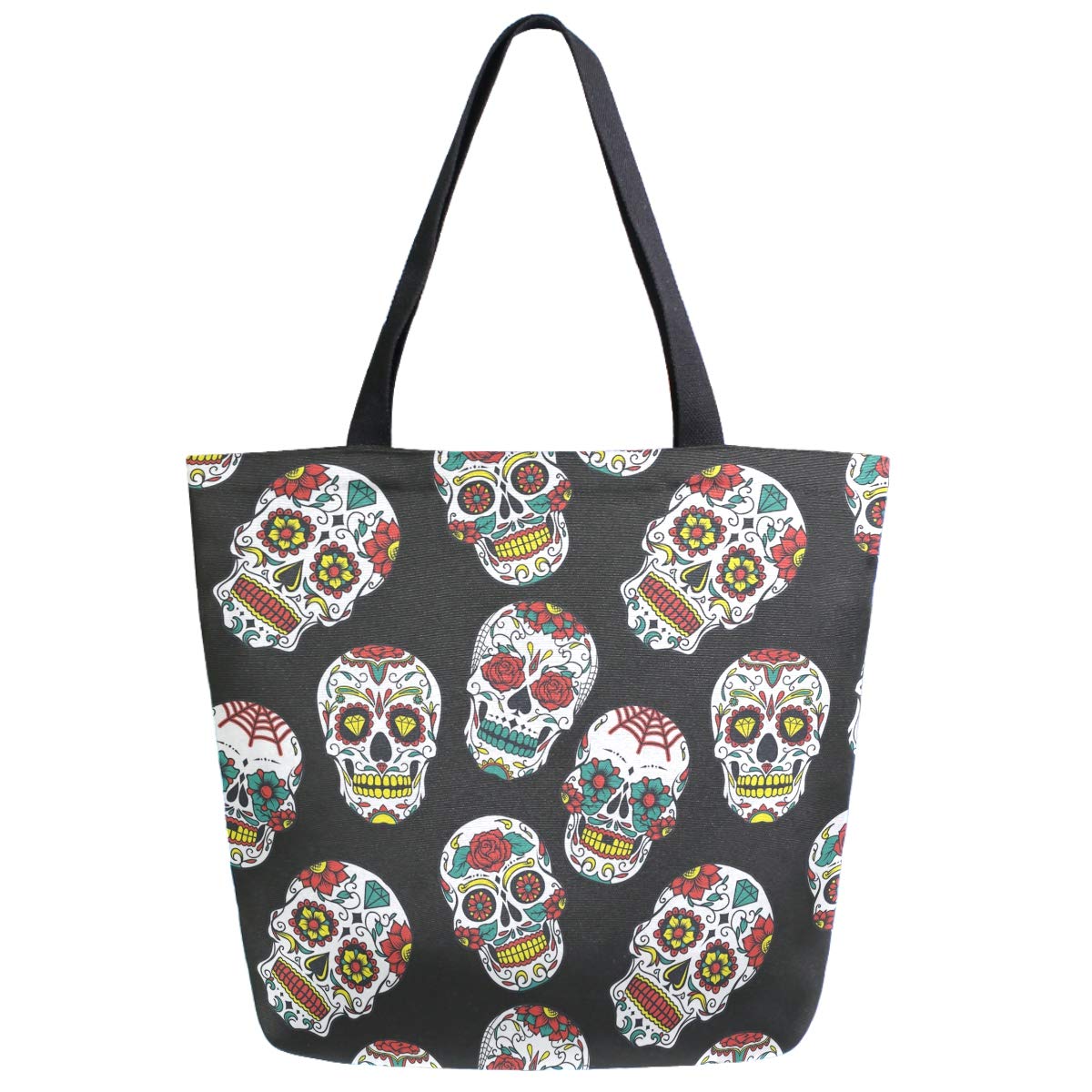Extra Large Canvas Tote Bag with Colorful Sugar Skulls Print - Durable Shoulder Bag for Gym, Beach, Travel & Grocery Shopping | Day of The Dead Theme Reusable Weekender Bag