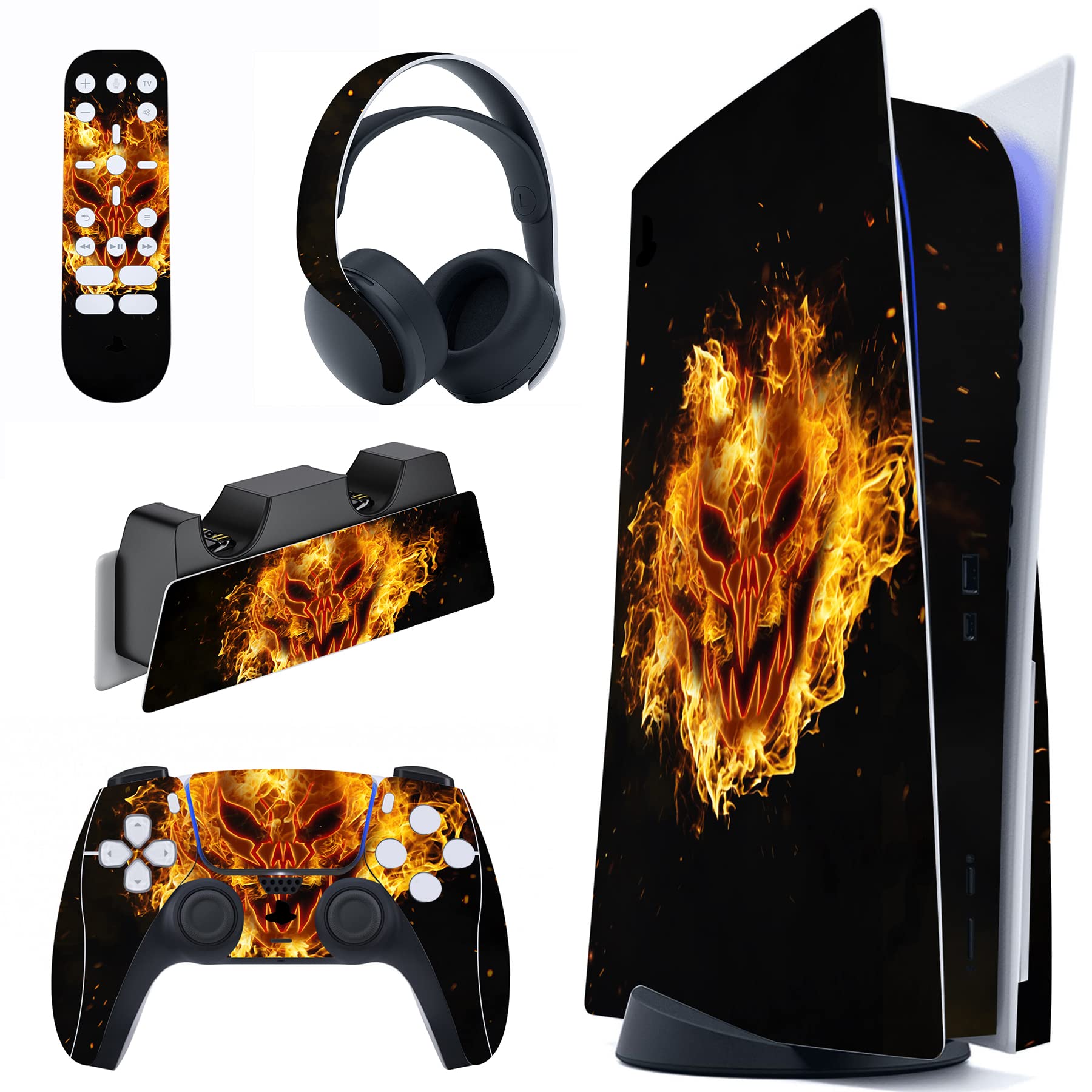 PlayVital PS5 Controller Skin Sticker Set - Protective Decals for Standard Console, Controller, Charging Station & Headset - Fire Demon Design | Gaming Accessories for PS5 Enthusiasts & Home Entertainment Setup