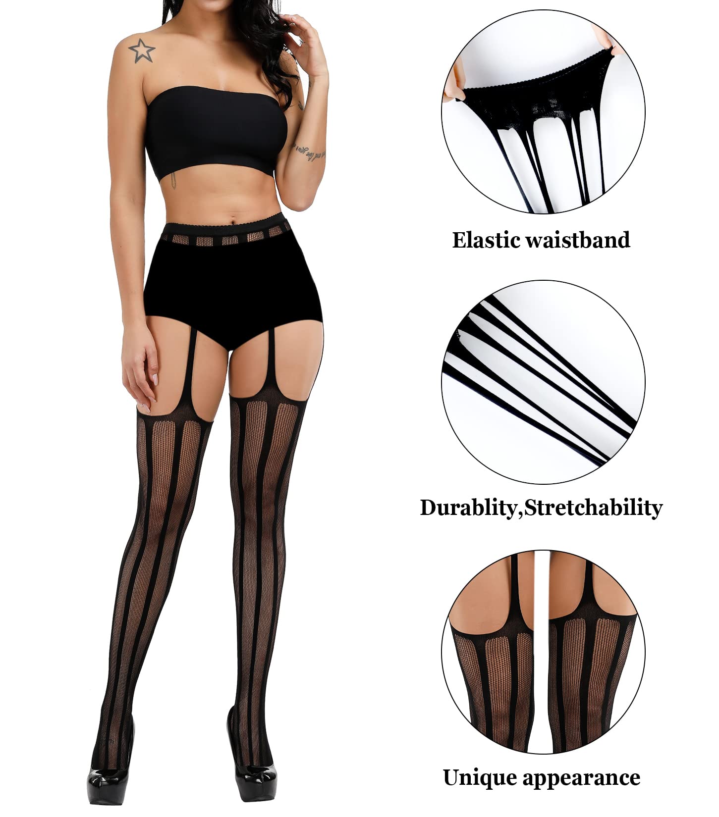 Sexy Fishnet Stockings for Women - Lace Thigh High Tights with Garter Belt Suspender | Perfect for Halloween, Cosplay, Date Night & Boudoir Photography