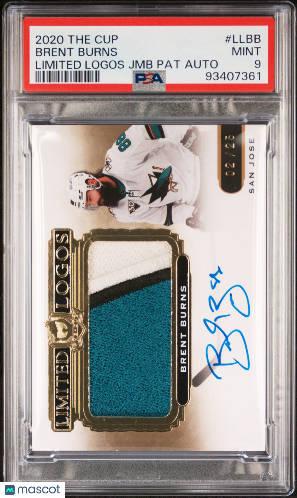 2020 UD The Cup Limited Logos Jumbo Patch Autographs Brent Burns PSA 9 02/25 Hockey Trading Card - Perfect for Collectors, Investors & Sports Memorabilia Enthusiasts