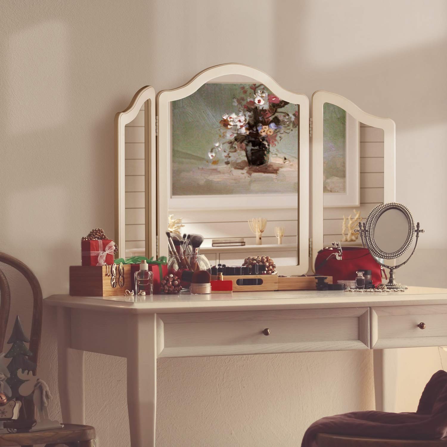 LUXFURNI Hollywood Vanity Mirror - Large 3-Side Folding Makeup Mirror with Lights, Adjustable Tabletop Mirror for Dressing Room & Bathroom (White) - Perfect for Makeup Application, Hairstyling & Skincare Routine