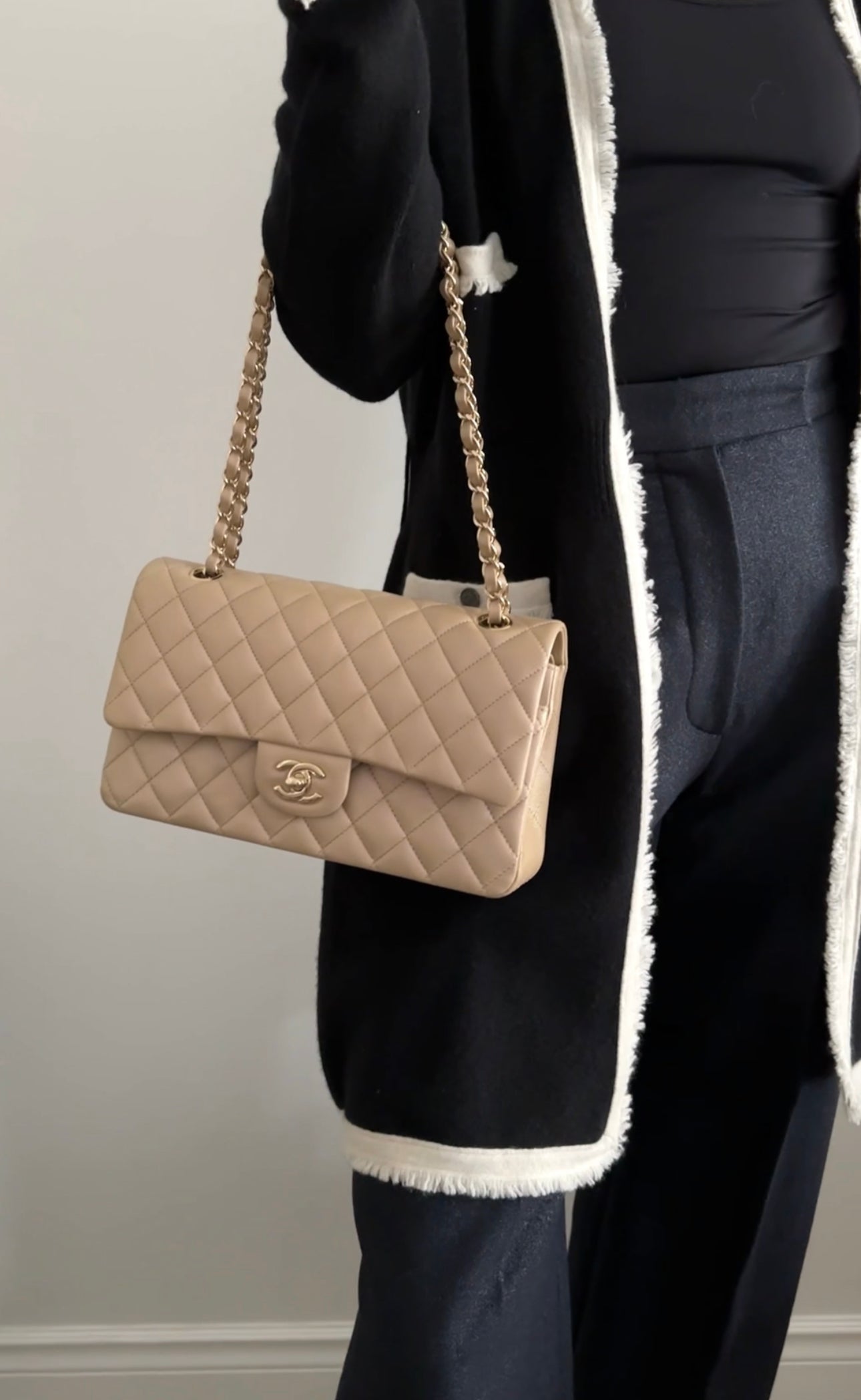 Chanel 21S Beige Iridescent Classic Medium Double Flap Caviar Gold Hardware Bag - Luxury Handbag for Women, Perfect for Parties & Special Occasions
