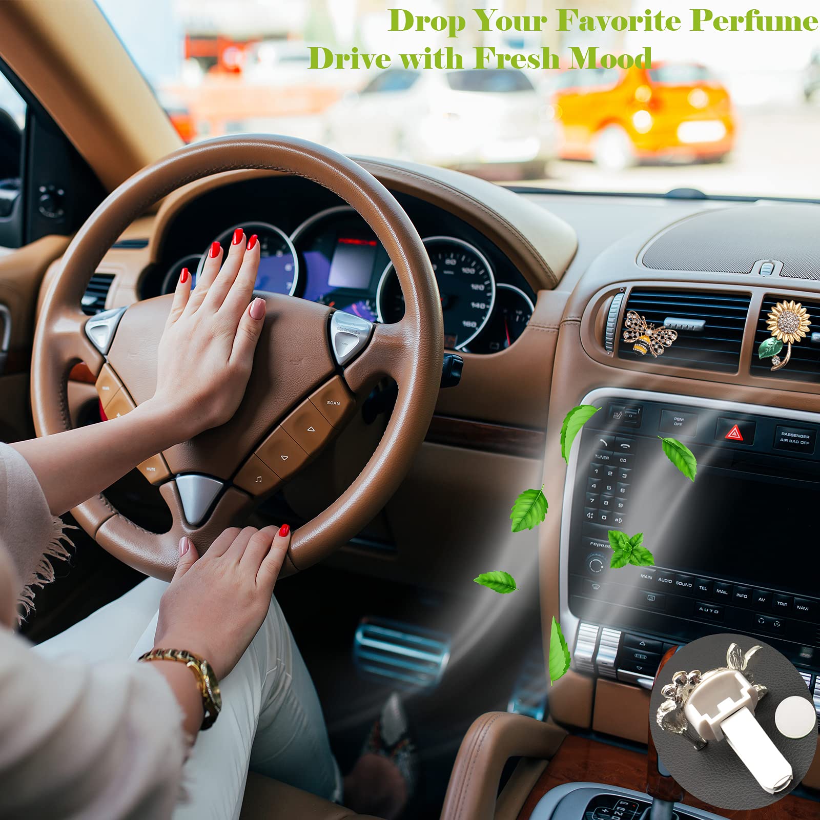 6 PCS Floral Car Air Vent Clips - Golden Car Accessories for Women, AC Outlet Decor, Interior Charm for Sedan, SUV, and Compact Cars