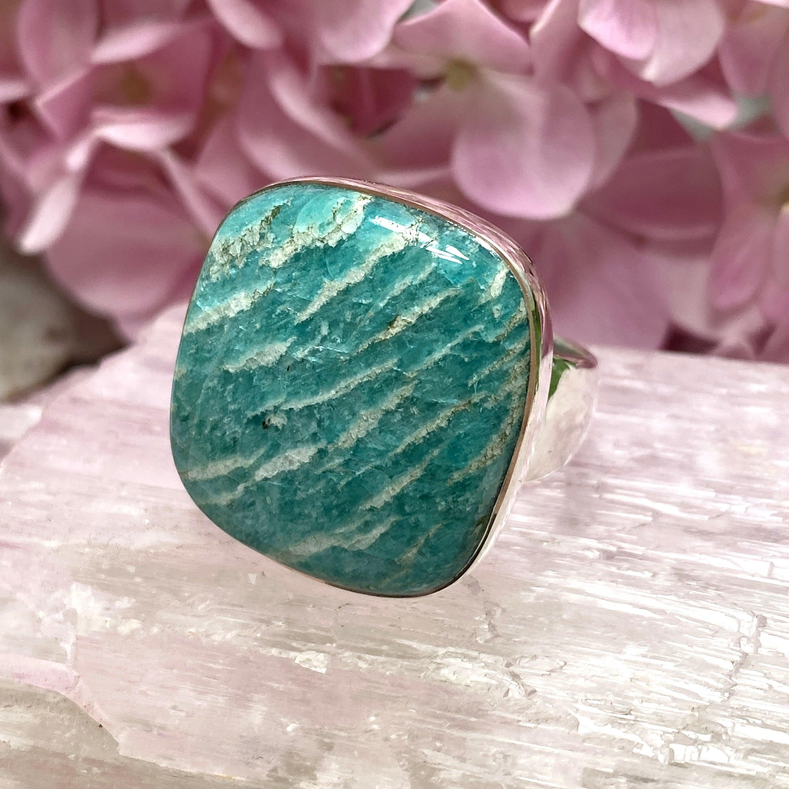 Amazonite Square Ring Size 10 - Natural Gemstone Jewelry for Women, Elegant Statement Ring for Everyday Wear, Gift for Her - KRGJ2571 | Perfect for Boho Style, Office Wear & Special Occasions