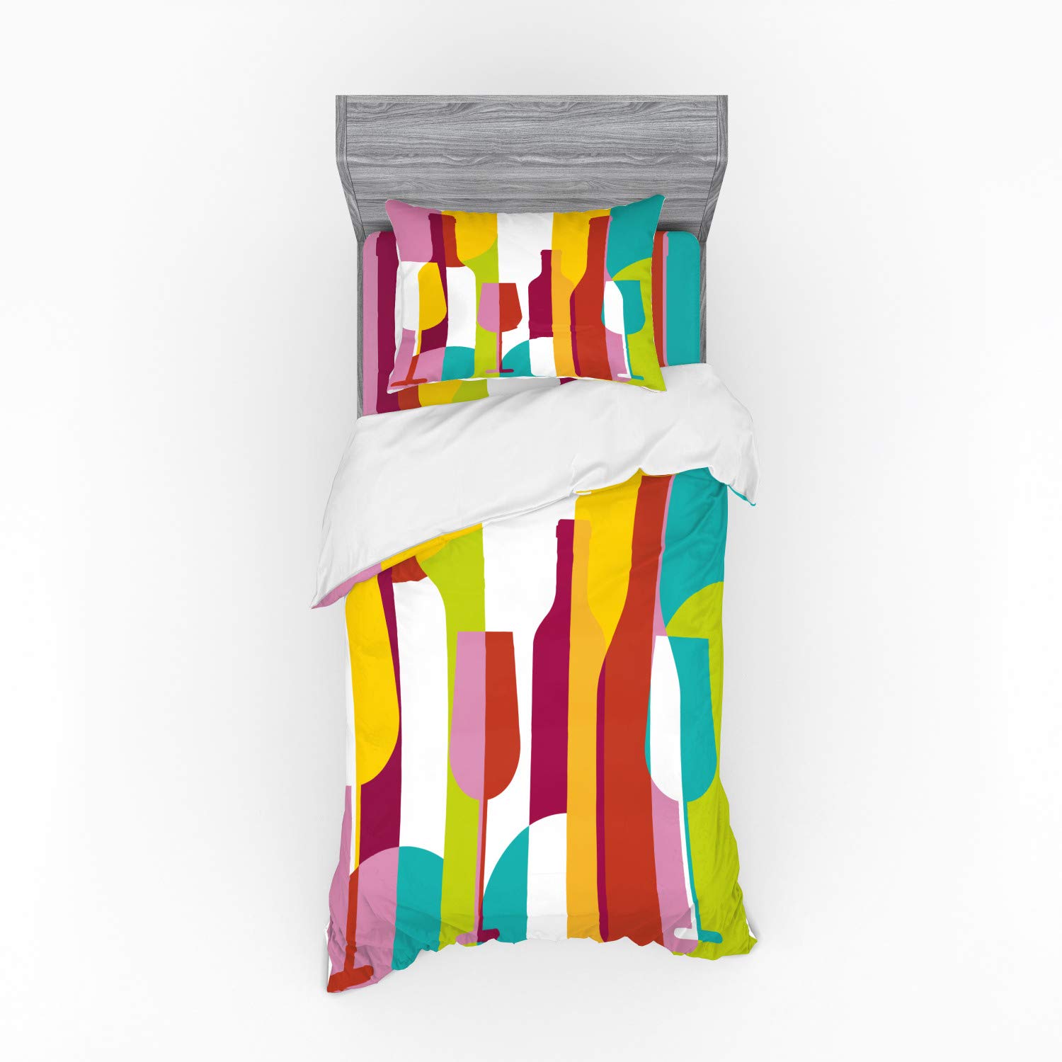 Ambesonne Wine Duvet Cover Set - Colorful Abstract Wine Bottle & Glass Silhouettes Modern Geometric Design, 3-Piece Bedding Set with Pillow Sham & Fitted Sheet, Twin XL Size, Multicolor - Perfect for Wine Lovers' Bedroom Decor & Themed Parties
