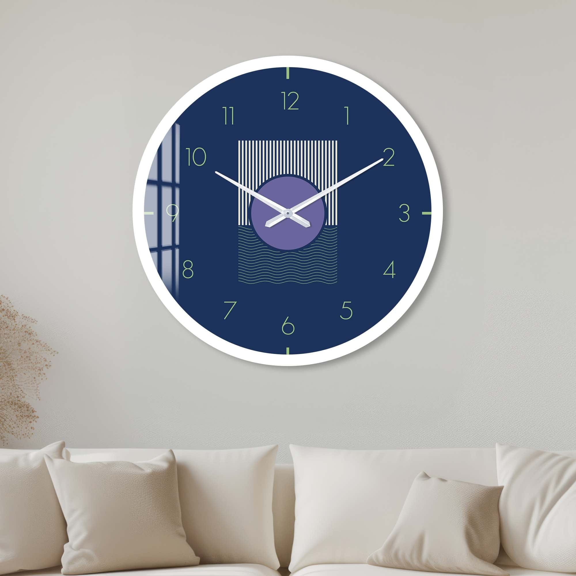 Navy Blue Glass Wall Clock - Modern Decorative Clock for Living Room, Bedroom & Office - Silent Non-Ticking Battery Operated