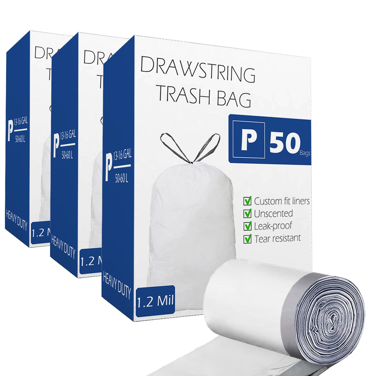 Code P 3-Pack (150 Count) 13-16 Gallon Heavy Duty Drawstring Trash Bags - Compatible with Code P Garbage Can Liners, 50-60 Liter Capacity | 1.2 Mil Thickness | White | Perfect for Kitchen, Office & Bathroom Waste Disposal