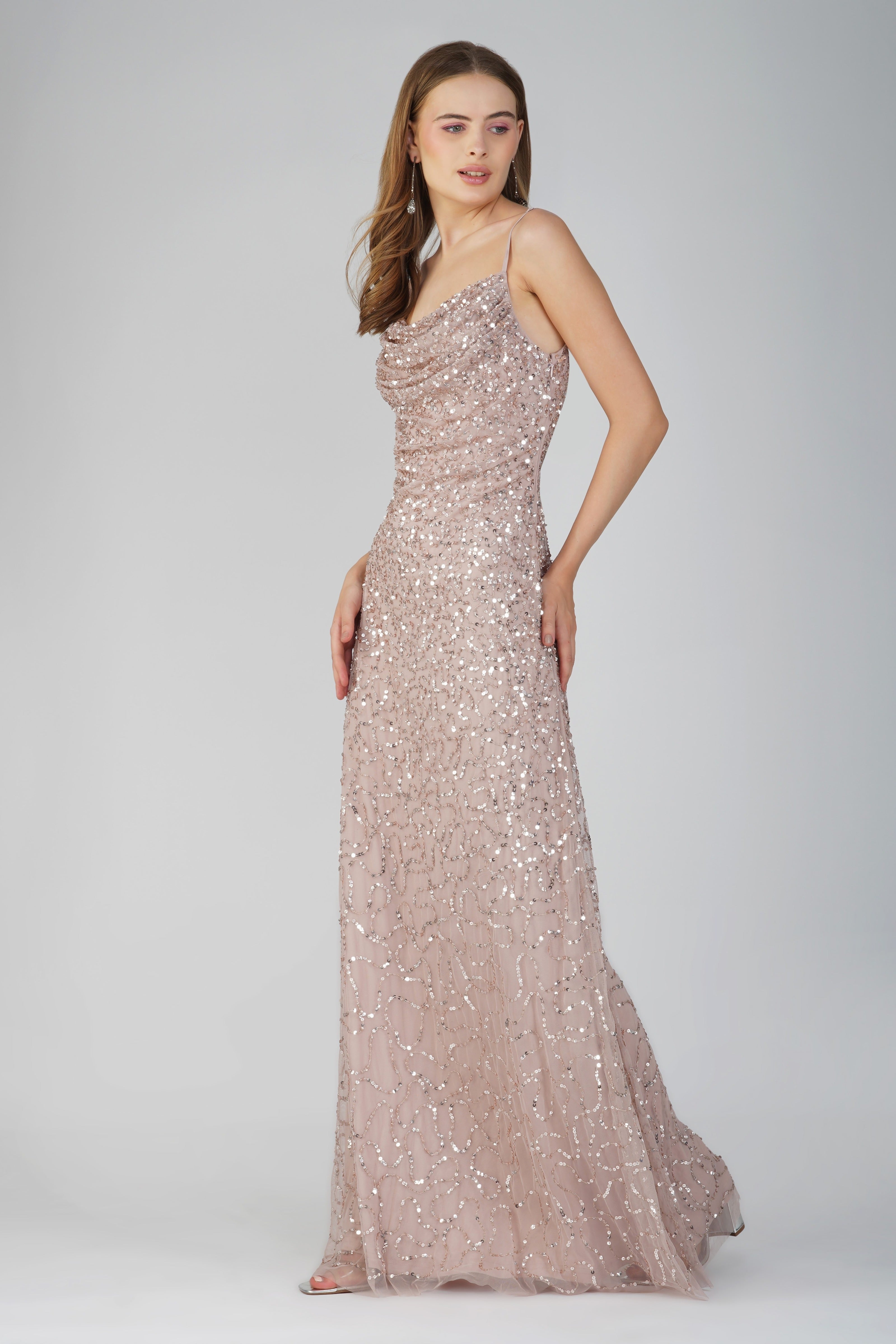 Elegant Embellished Maxi Dress in Blush Pink - Perfect for Weddings, Parties & Special Occasions