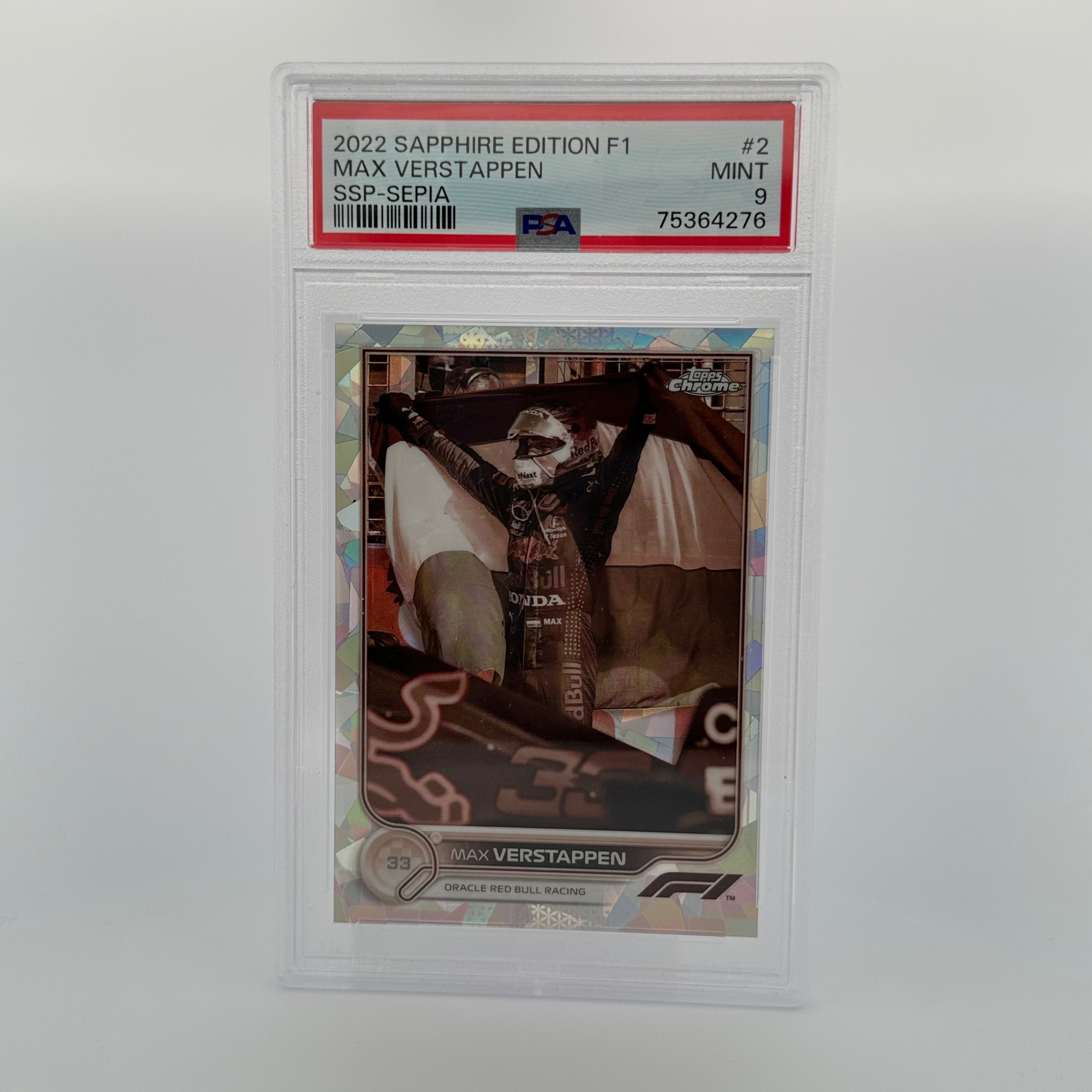 PSA 9 Graded /100 SAPPHIRE EDITION 2 MAX VERSTAPPEN SSP SEPIA Trading Card - Rare Collectible for Sports Memorabilia & Racing Fans