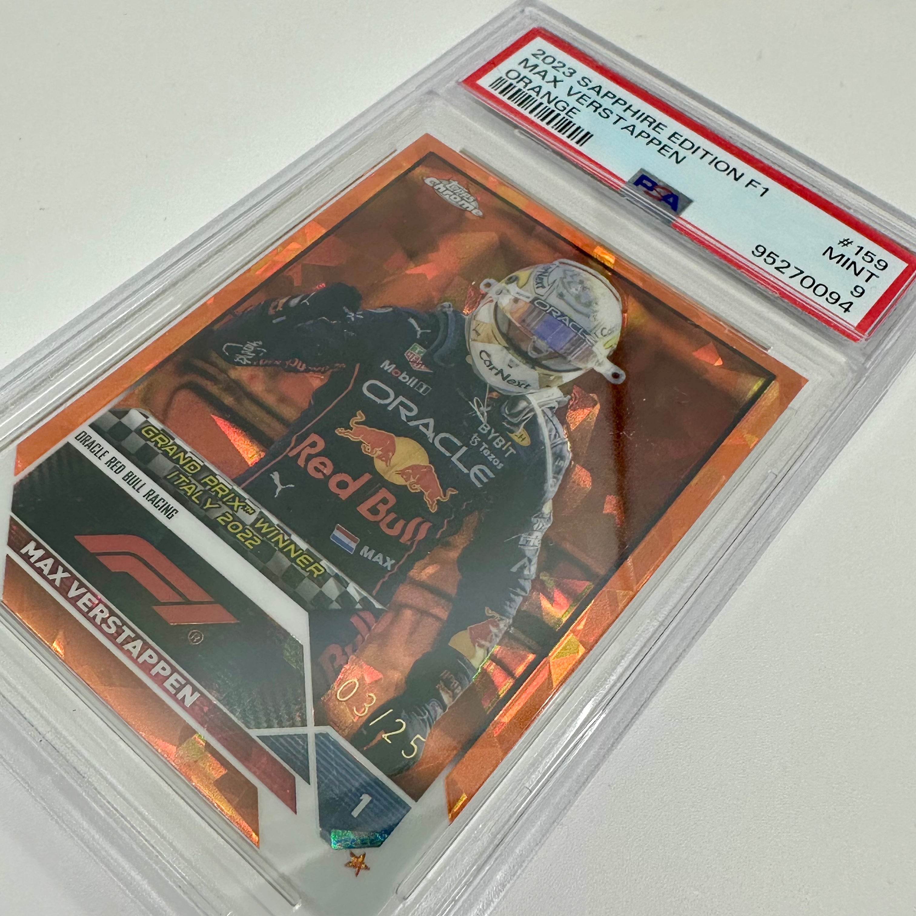 2023 Topps Chrome Max Verstappen #159 PSA 9 Sapphire Orange - F1 Racing Collectible for Display & Investment