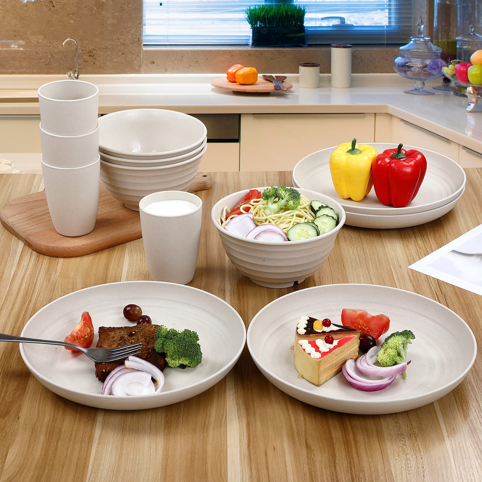 12-Piece Wheat Straw Dinnerware Set for 4 - Microwave & Dishwasher Safe Plates & Bowls - Eco-Friendly Lightweight Beige Tableware for Everyday Meals, Picnics, and Outdoor Dining