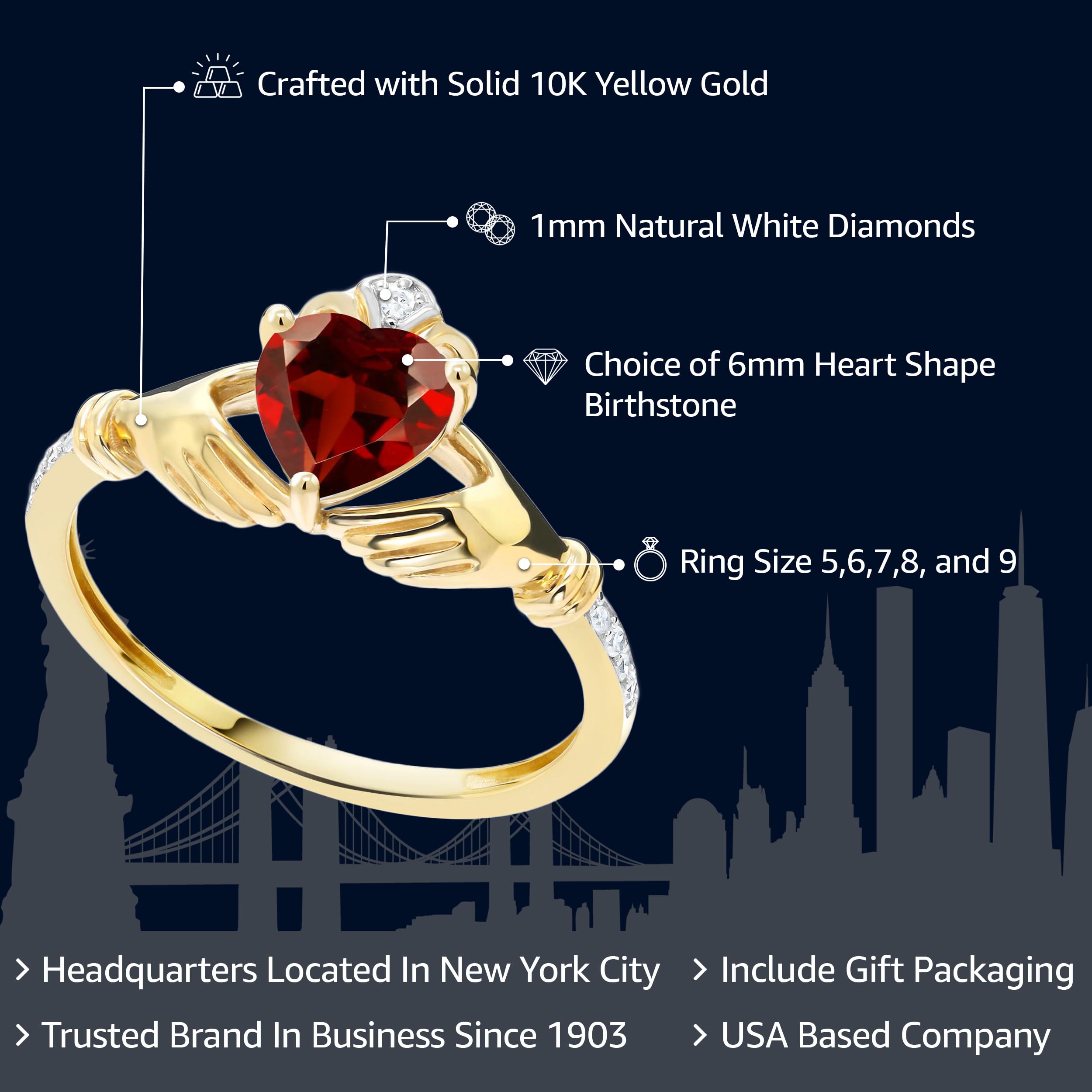10K Yellow Gold Women's Engagement Ring with Birthstone & Diamond Accent | Irish Claddagh Promise Ring | Customizable Celtic Heart Ring for Valentine's Day, Anniversary & Proposal Gift