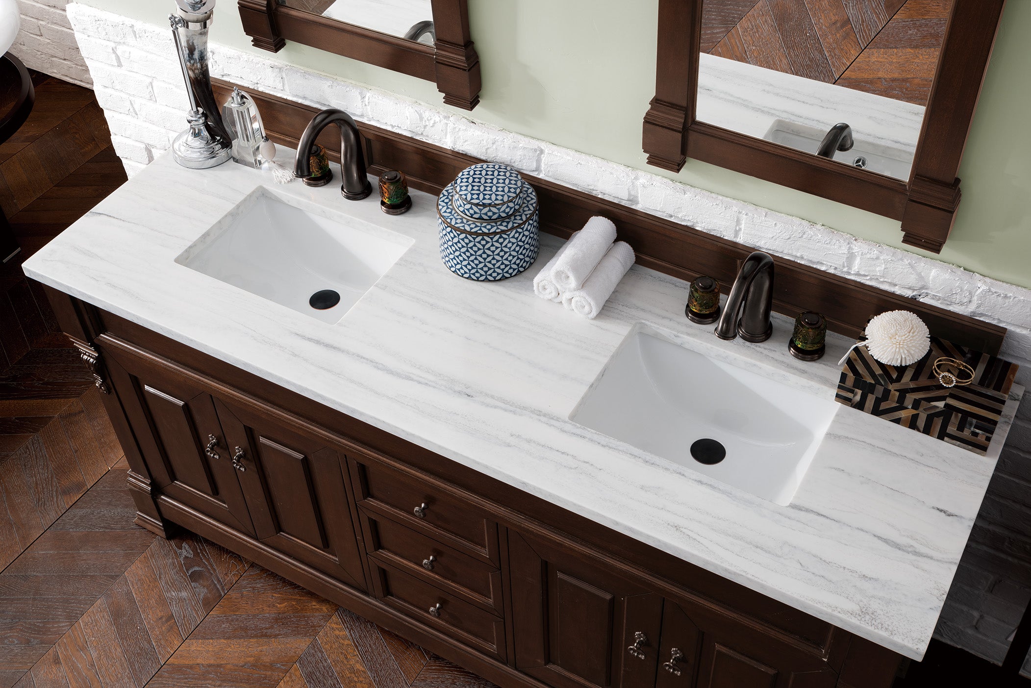 Brookfield 72 Inch Double Vanity with Burnished Mahogany Finish & 3CM Arctic Fall Solid Surface Top - Perfect for Master Bathroom or Luxury Home Renovation