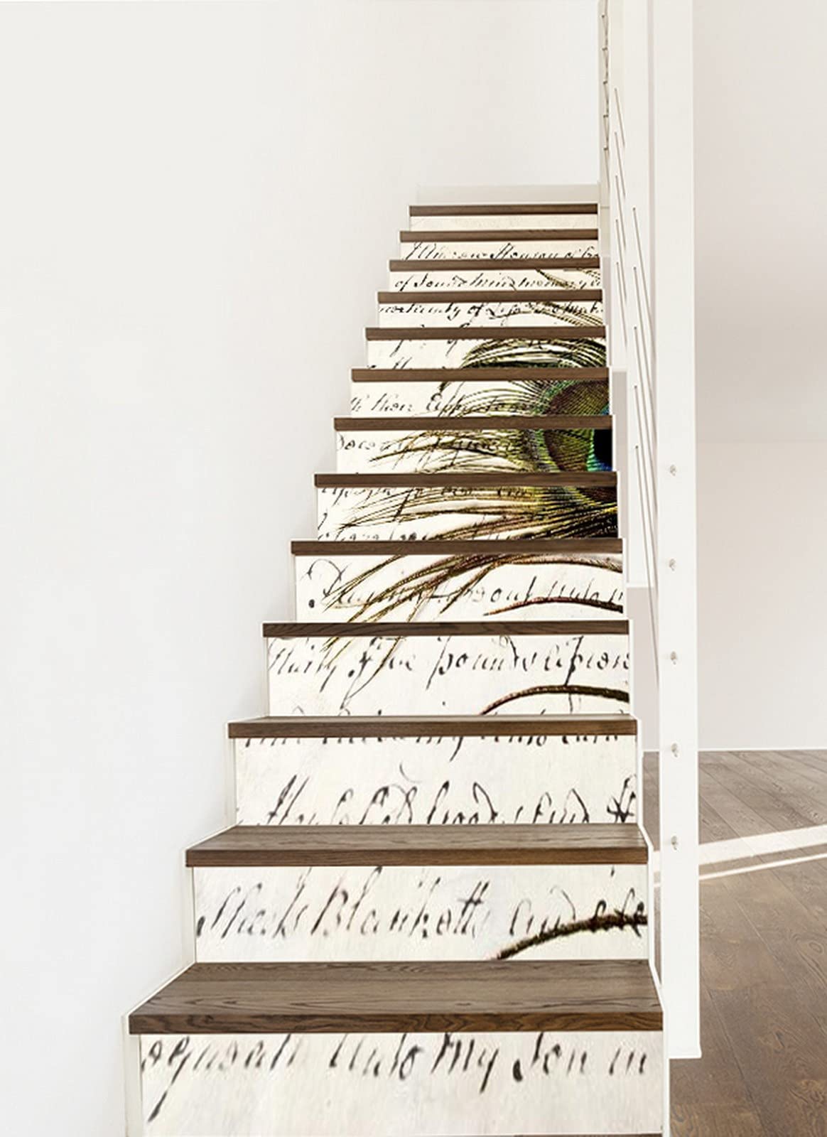 Vintage Peacock Feather 3D Self-Adhesive Stair Stickers - Removable Vinyl Decals for Stair Risers, Kitchen Tiles & Walls - 13-Piece Set of English Script Writing Wall Stickers for Home Decor & DIY Projects