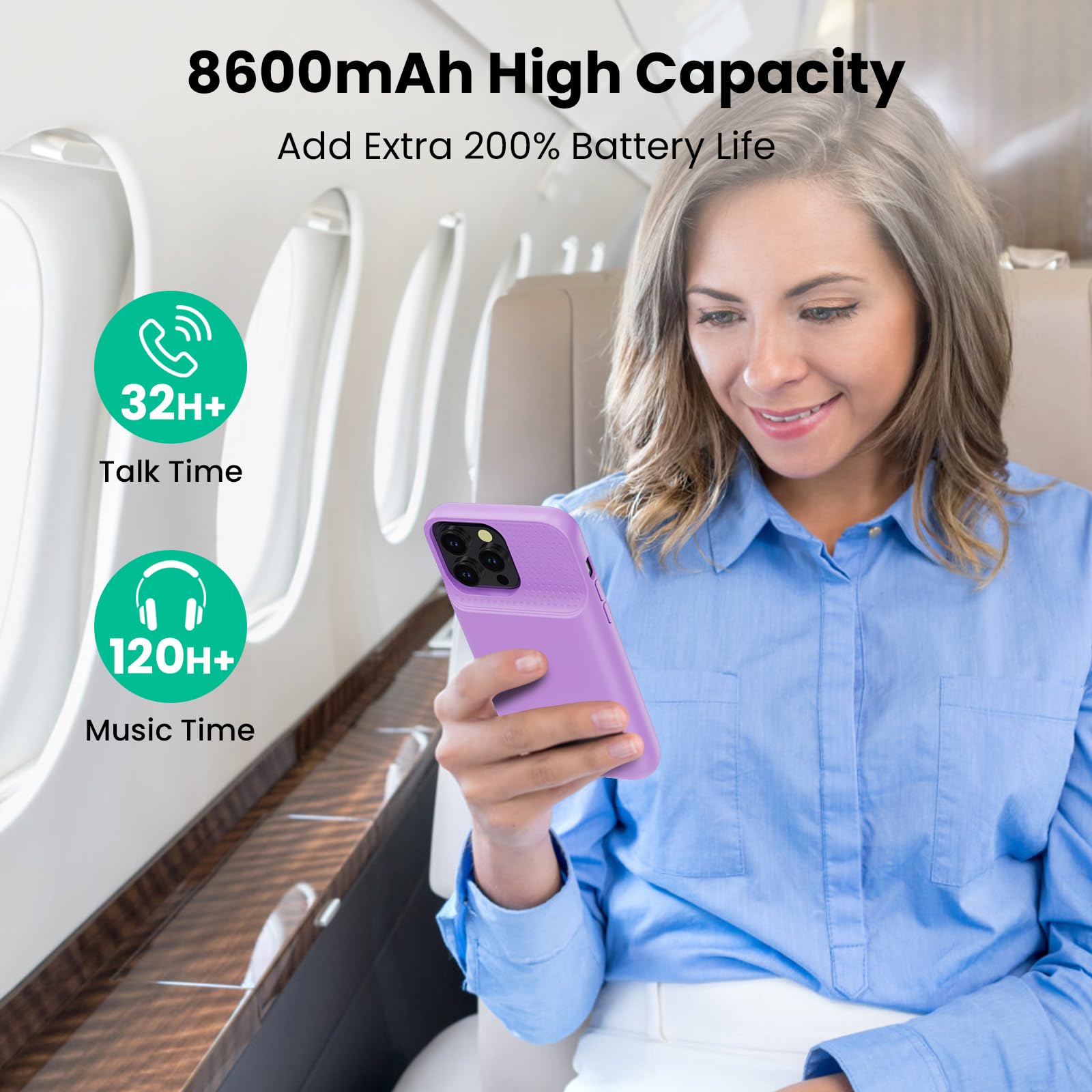 HETP 8600mAh Rechargeable Battery Case for iPhone 12 Pro Max/13 Pro Max/14 Pro Max/14 Plus - Portable External Charger, Extended Battery Life - Purple | Perfect for Travel, Outdoor Activities & Daily Use