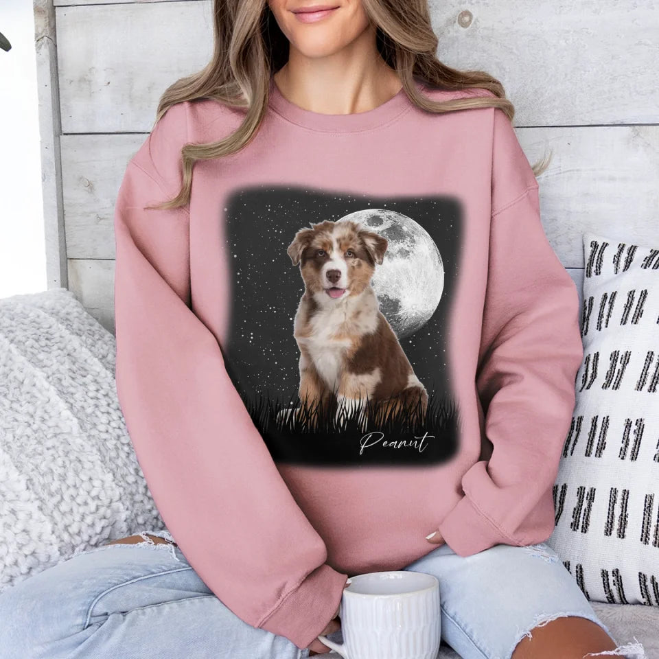 Custom Vintage Full Moon Pet Photo Sweatshirt - Personalized Dog Cat Lover Gift - Cozy Pullover for Family Matching Outfits, Couple Wear & Pet Memorial