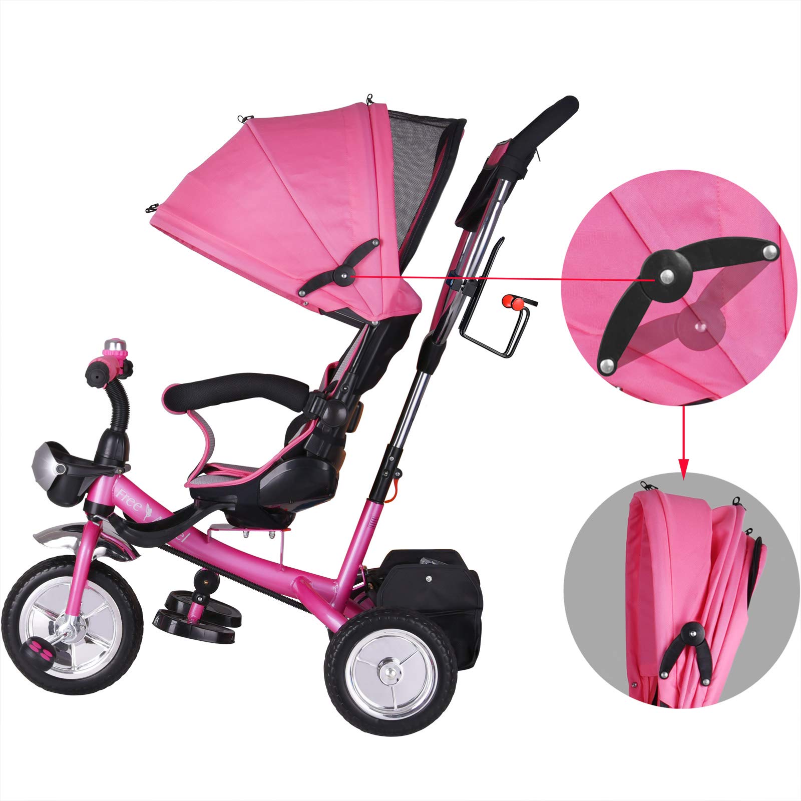 SPIELWERK® 4-in-1 Convertible Baby Tricycle with Push Handle - Pink, Adjustable Rotating Seat, Sun Canopy & Storage Basket - Perfect for Toddlers 10-36 Months - Ideal for Park Rides, Outdoor Play & Learning to Ride