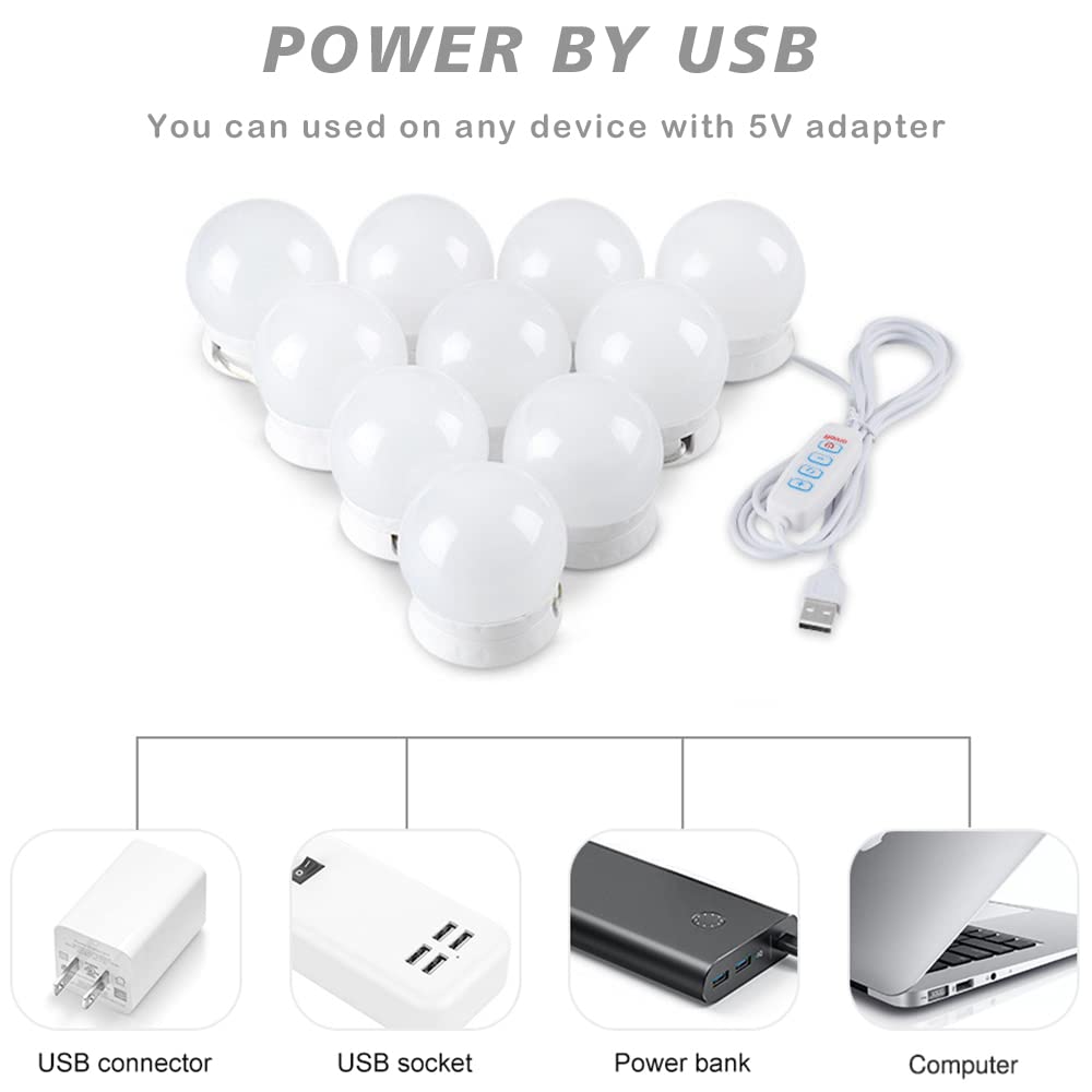 Hollywood LED Vanity Mirror Lights - 10 Dimmable Bulbs, 3 Color Modes for Makeup & Dressing Table