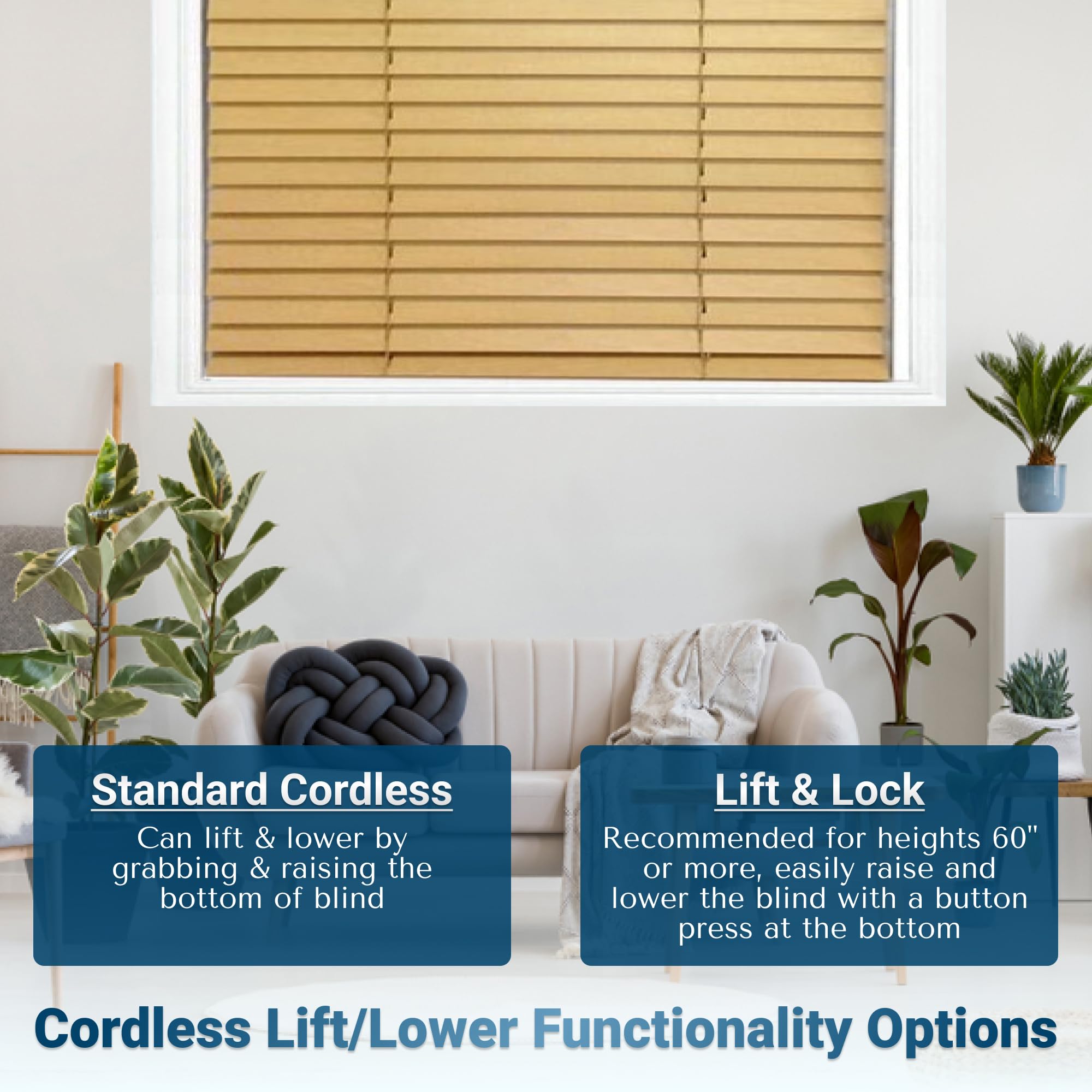 TailorView 2 Inch Cordless Wood Blinds - Customizable Horizontal Window Shades, Natural Pine Finish, Inside or Outside Mount - Perfect for Living Room, Bedroom & Home Office