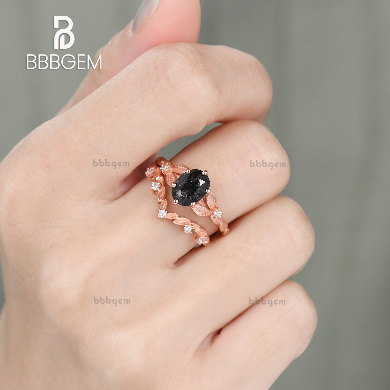 Oval Black Tourmaline & Rutilated Quartz Engagement Ring Set - Nature Inspired V-Shaped Leaf Design with Diamond Accents in Rose Gold - Perfect for Weddings, Anniversaries & Romantic Gifts