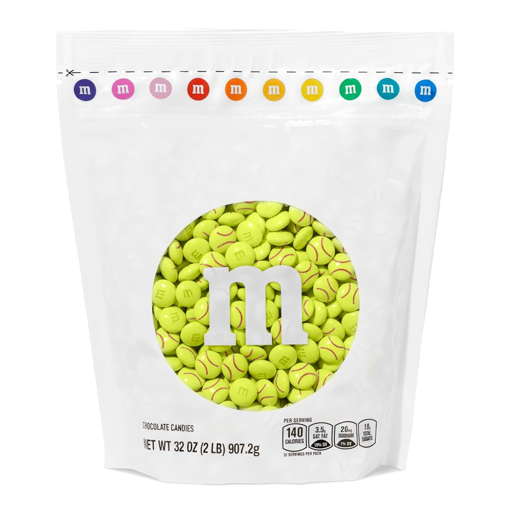 M&M'S Softball Milk Chocolate Candy - 2 lbs Bulk Chocolate Candies with Electric Green & Red Stitching Design | Perfect for Softball Parties, Game Day Snacks, Team Treats, Birthday Favors & Sports Events