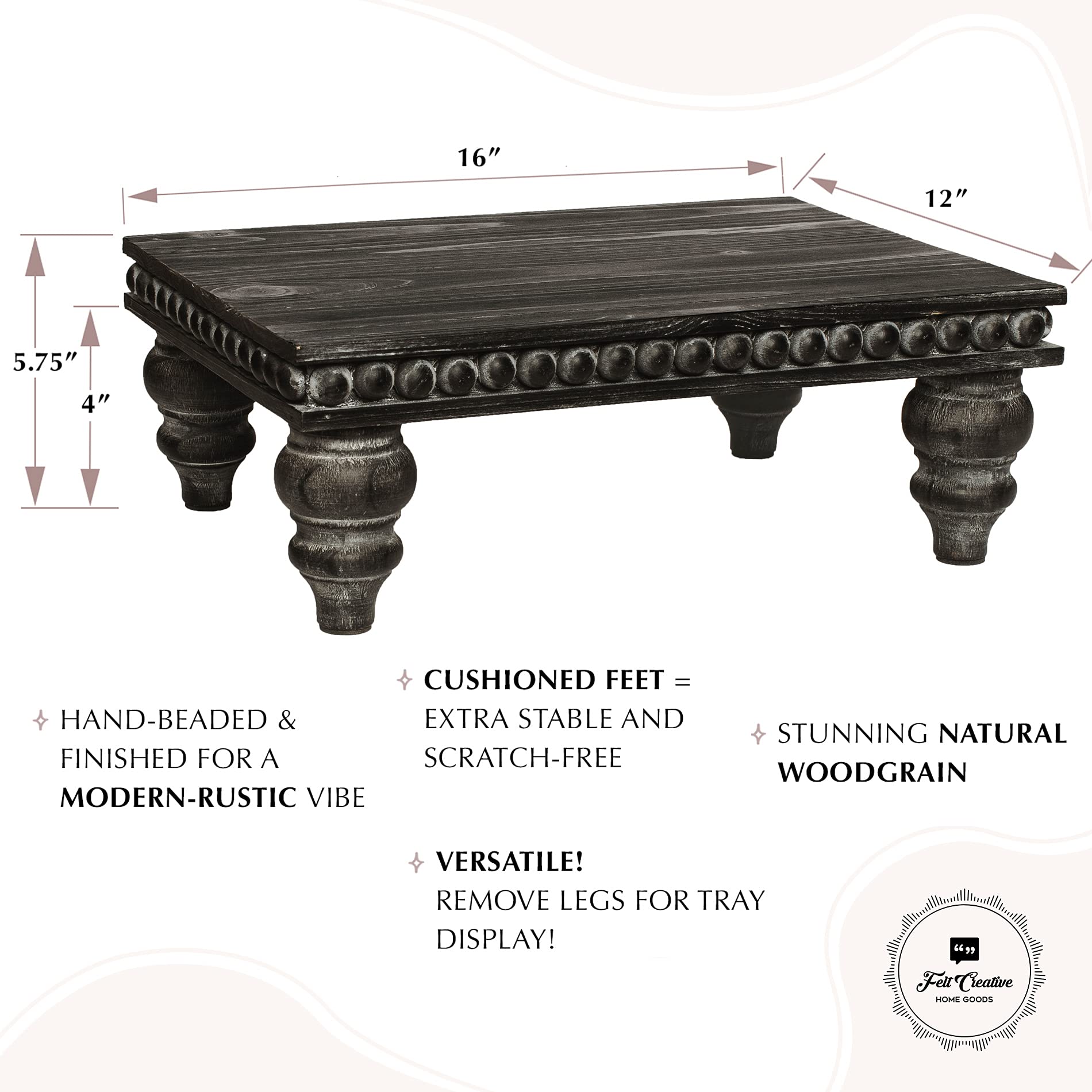 Rustic Wood Beaded Pedestal Tray Decor Riser Set - Kitchen Counter Organizer, Coffee Bar Table Display, Plant Stand with Black Woodgrain Finish | Perfect for Farmhouse Decor, Dining Table Centerpiece, and Bathroom Storage