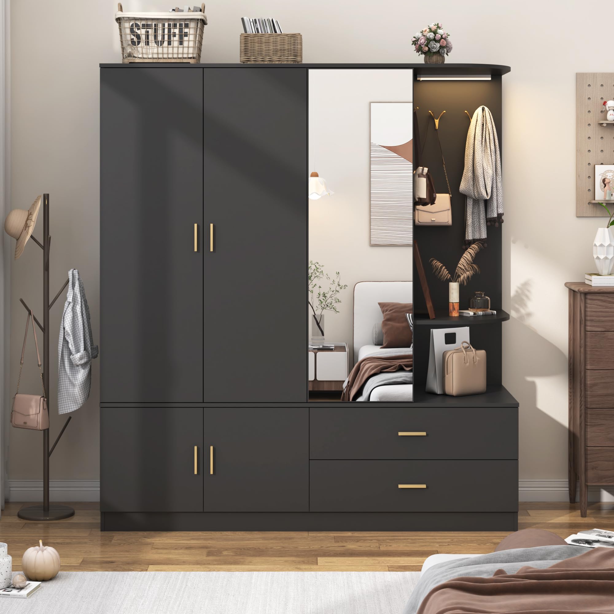 Modern XVD 5-Door Armoire Wardrobe Closet with Mirror, Sensor Light & Storage - Large Wooden Bedroom Closet with 2 Drawers, Shelves, 4 Hooks & 2 Hanging Rods - Perfect for Bedroom, Guest Room or Walk-in Closet Organization (Black)