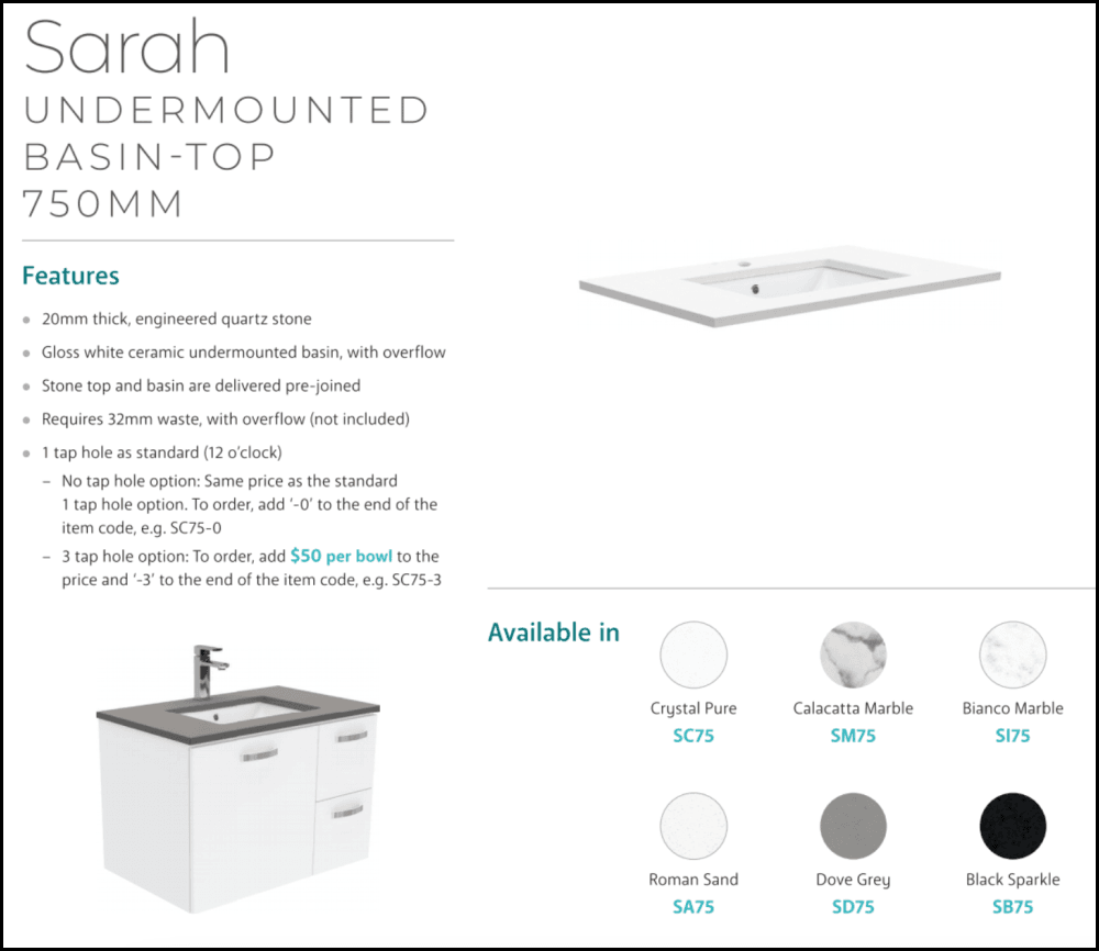 Fienza 750mm SC75T Crystal Pure Undermount Stone Top Hampton Wall Hung Bathroom Vanity Unit in White – Perfect for Modern Master Bathrooms and Powder Rooms