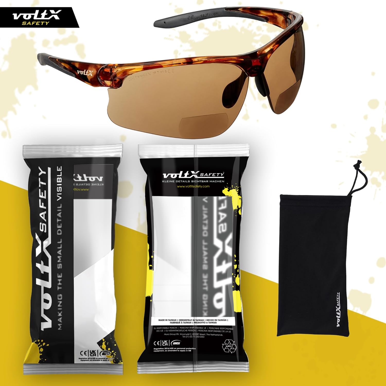 VoltX 'CONSTRUCTOR ULTIMATE' Bifocal Reading Safety Glasses - Tortoise Frame with Gold Mirror Lens +2.0 Diopter - CE EN166FT Certified Anti-Fog UV400 Protection - Premium Cycling & Sports Eyewear for Construction, Woodworking, and Outdoor Activities