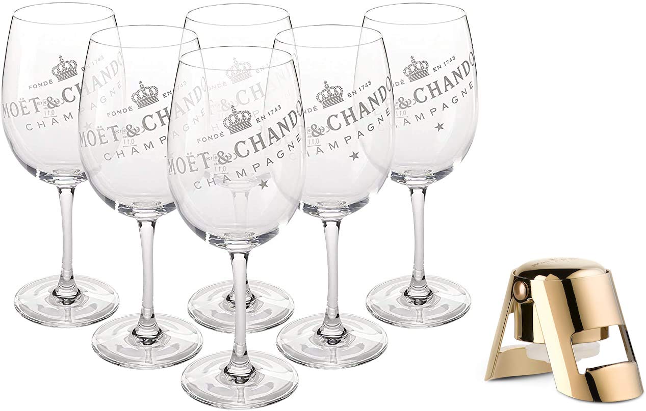 Moët & Chandon Champagne Flutes - Set of 6 Real Crystal Clear Glasses with Elegant White Lettering - Perfect for Weddings, Parties & Romantic Dinners