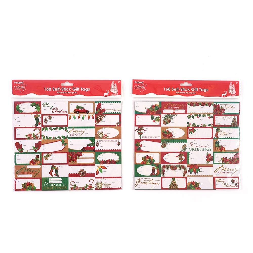 FLOMO 2347601 168-Piece Traditional Christmas Self-Adhesive Gift Tags, 24-Pack – Perfect for Holiday Wrapping, DIY Crafts & Festive Gift Decorations