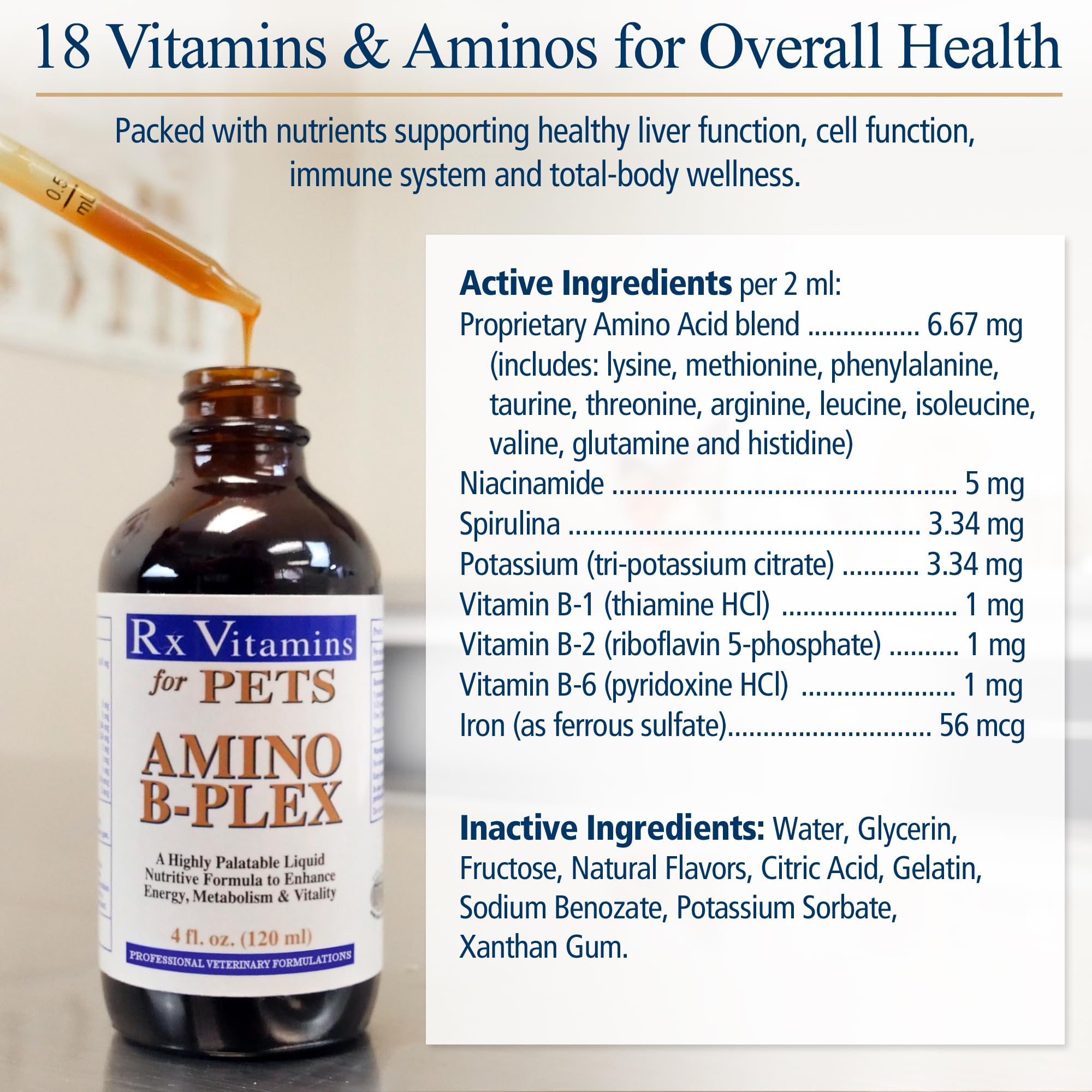 Rx Vitamins Amino B Plex for Dogs & Cats - B Complex Vitamin Supplement with Amino Acids for Pet Health - Supports Energy, Skin & Coat - 4 oz Liquid Formula - Ideal for Senior Pets & Recovery
