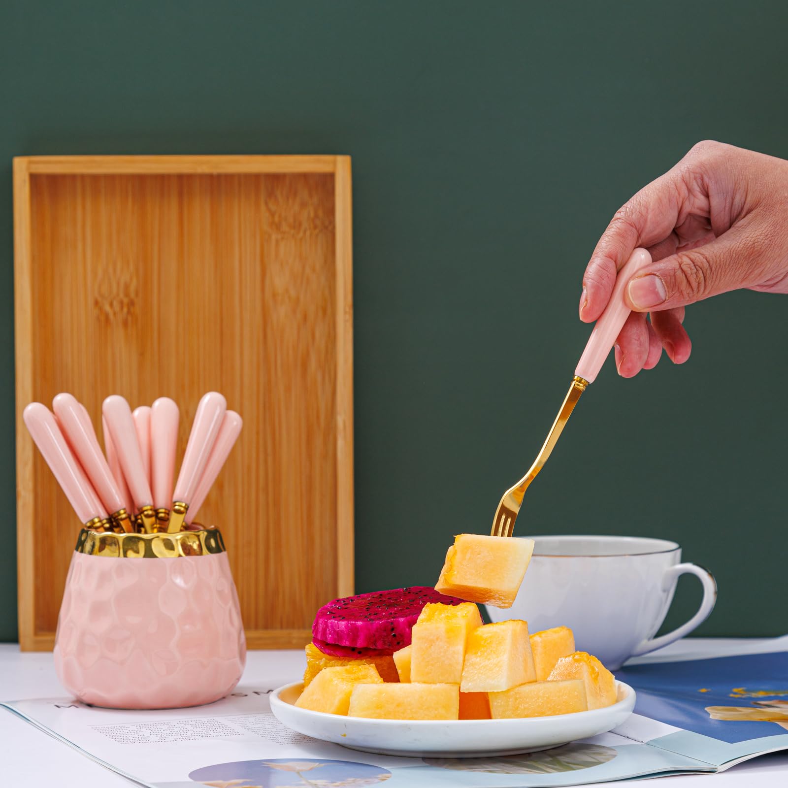 Elegant Ceramic Dessert Fork Set with 8 Small Forks - Perfect for Fruit, Salad, Appetizers, Cakes & Tea Parties | Pink Jar & Flatware Set for Home Dining & Party Serving