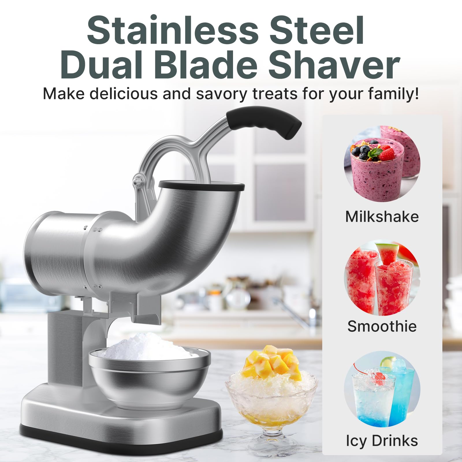 Commercial Stainless Steel Ice Crusher Machine - Dual Blade Ice Shaver for Snow Cones & Shaved Ice - 440 lbs/hr Capacity - Perfect for Home, Restaurants, Bars & Parties - Great for Summer Treats, Cocktails & Dessert Stations