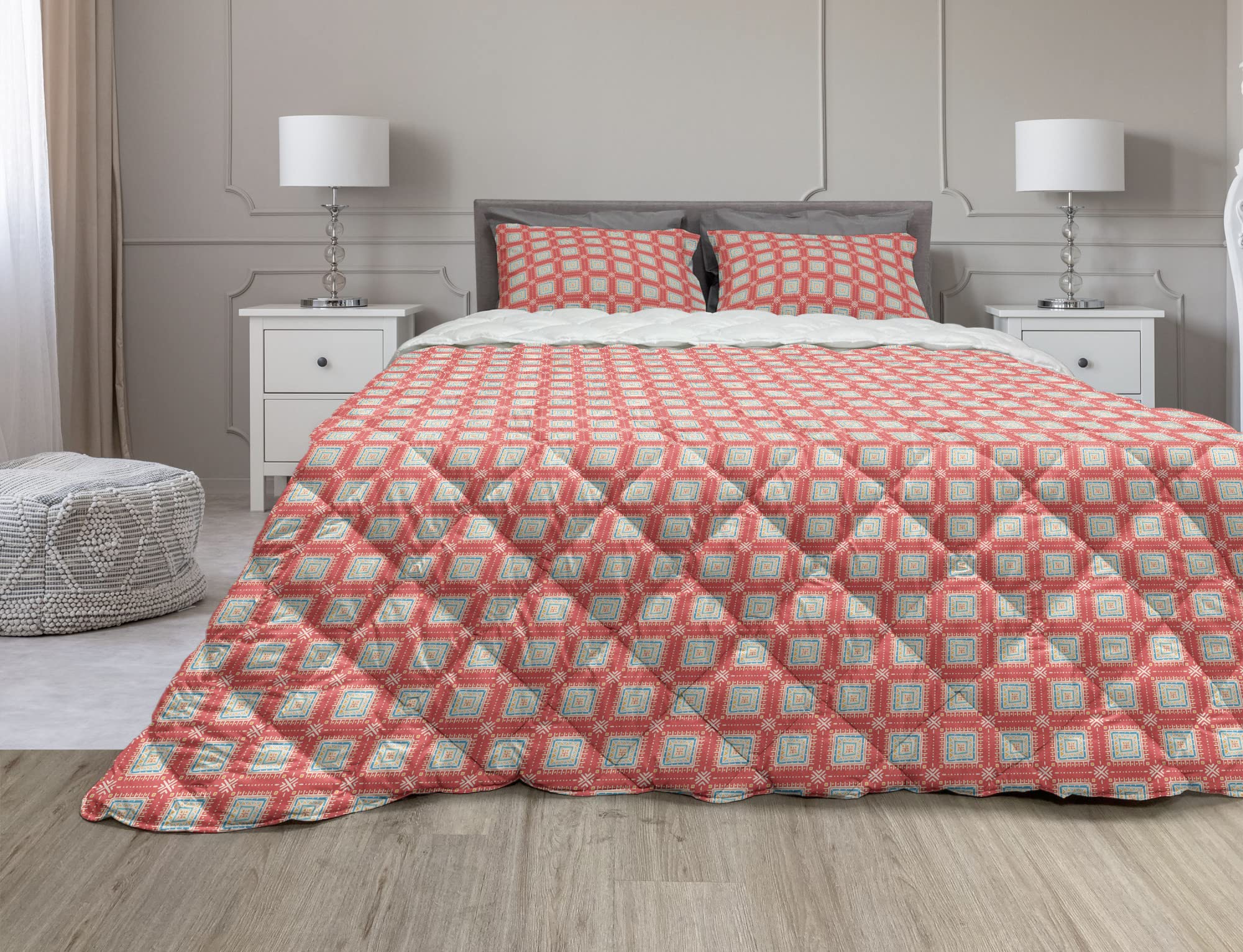 Ambesonne Geometric Comforter Set - Twin Size Microfiber Duvet Cover & Sham with Hand-Drawn Square Pattern in Dark Coral Blue | Modern Bedroom Decor for Teens & Adults